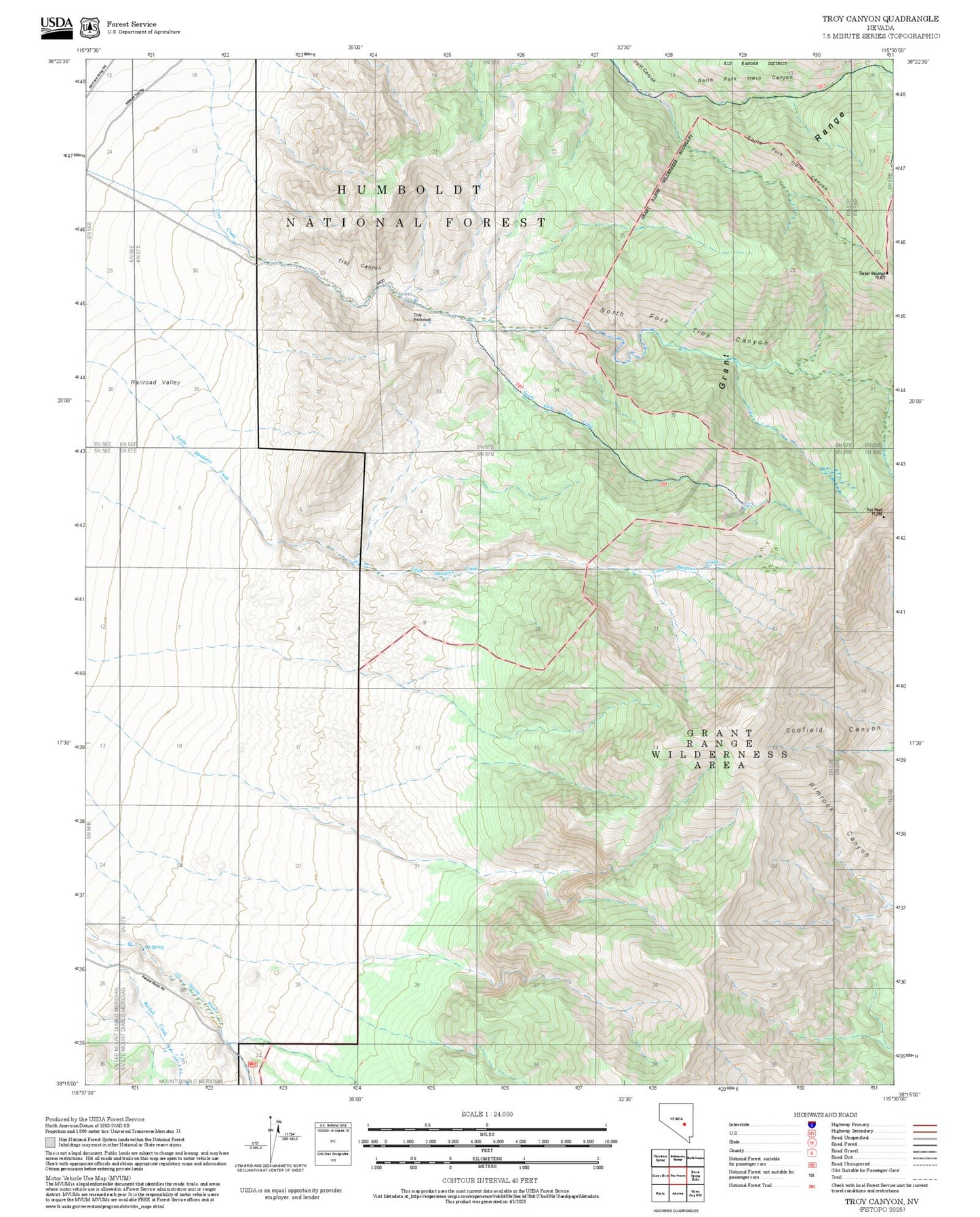 2025 Forest Service Topo Map of Troy Canyon Nevada