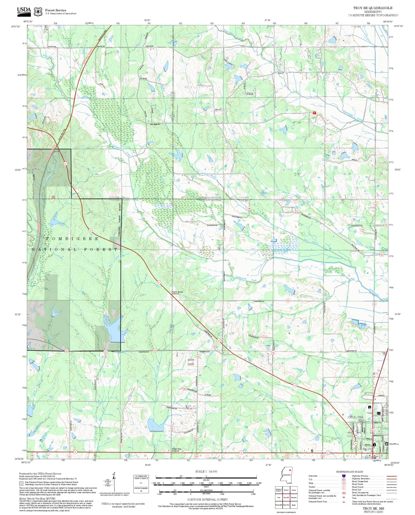 2025 Forest Service Topo Map of Troy SE Mississippi