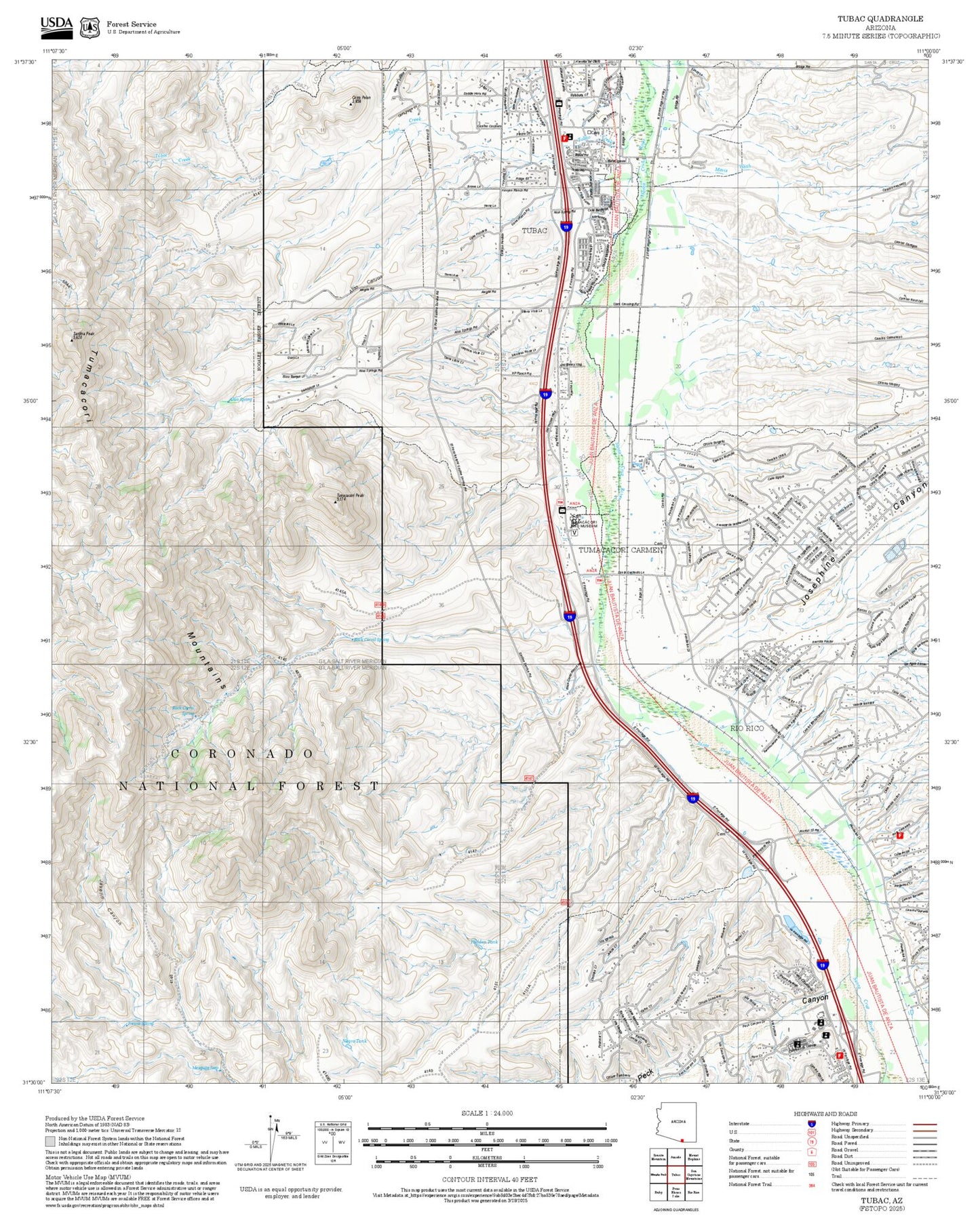 2025 Forest Service Topo Map of Tubac Arizona