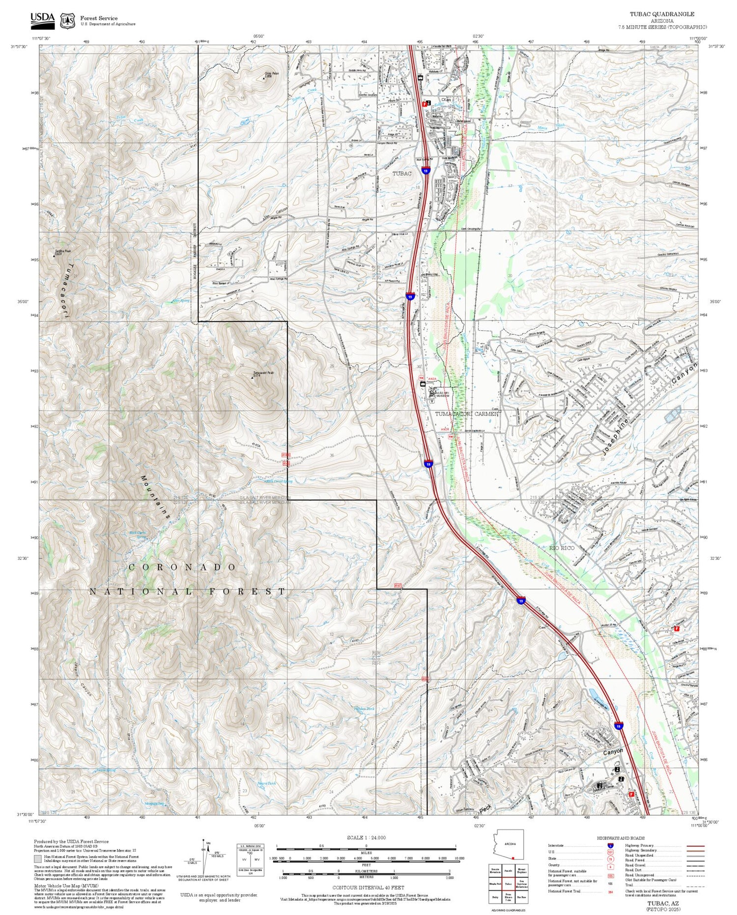 2025 Forest Service Topo Map of Tubac Arizona