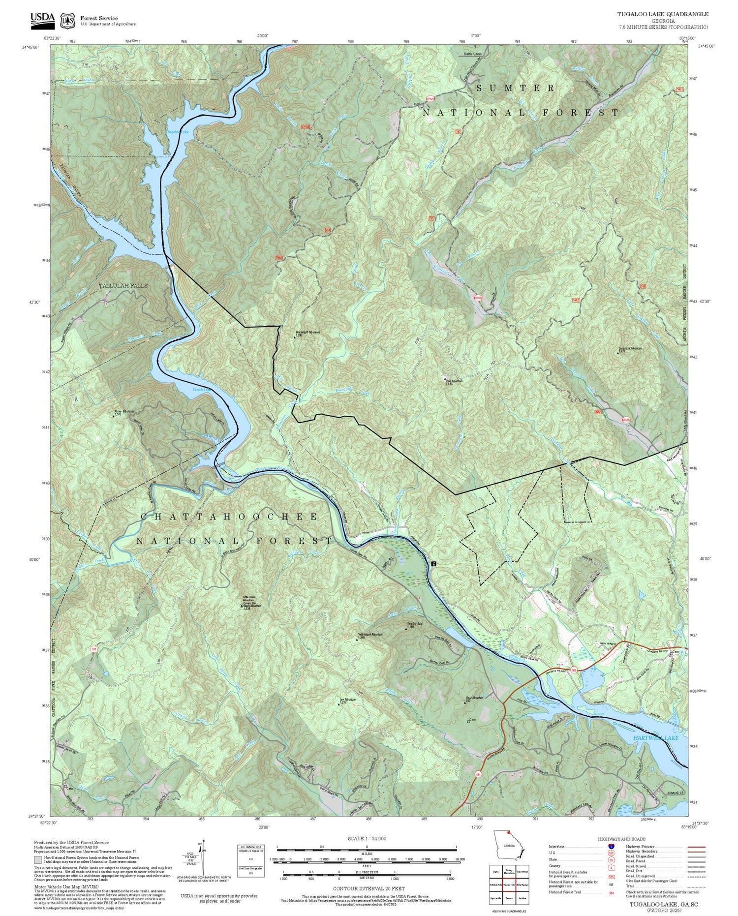 2025 Forest Service Topo Map of Tugaloo Lake Georgia
