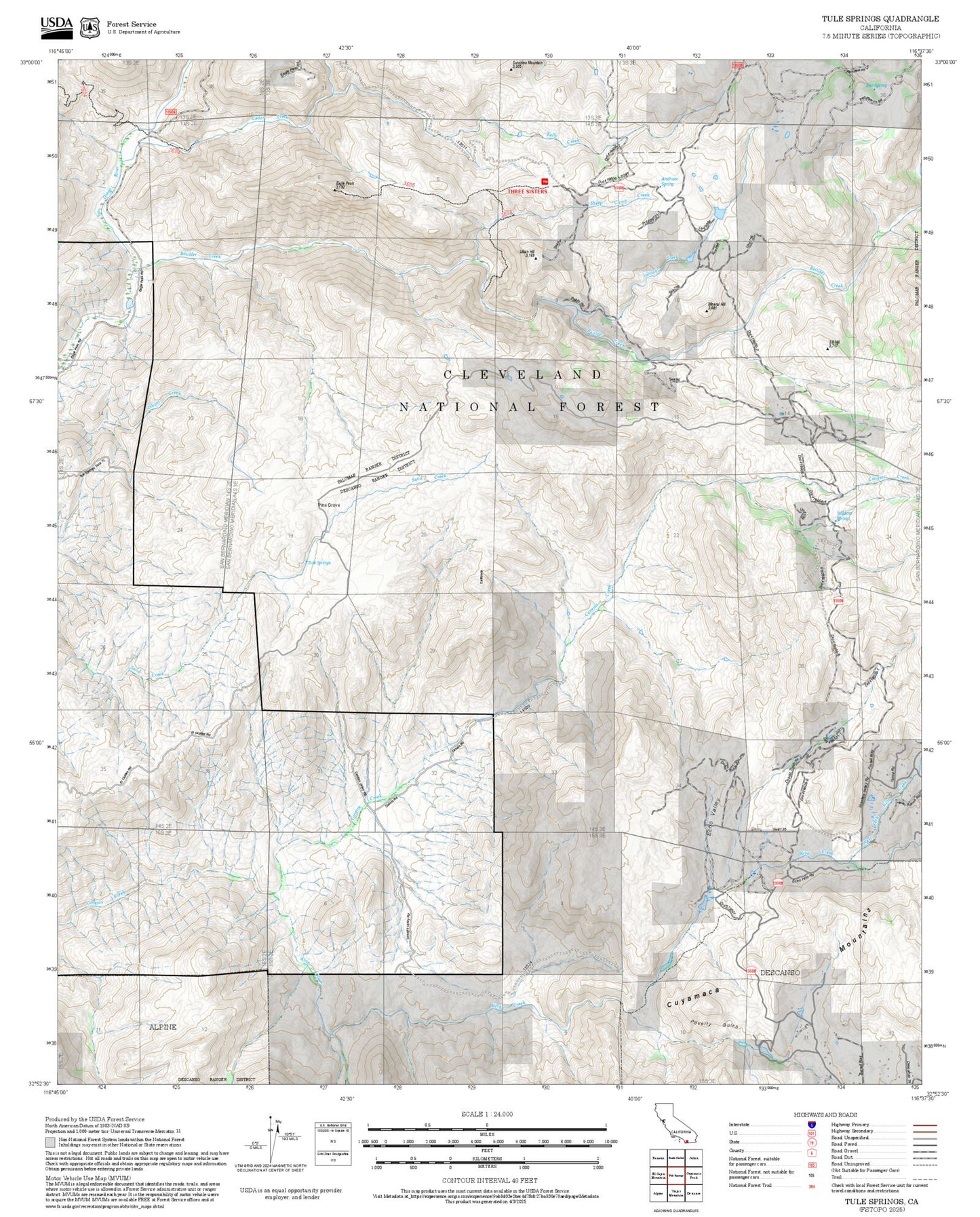 2025 Forest Service Topo Map of Tule Springs California