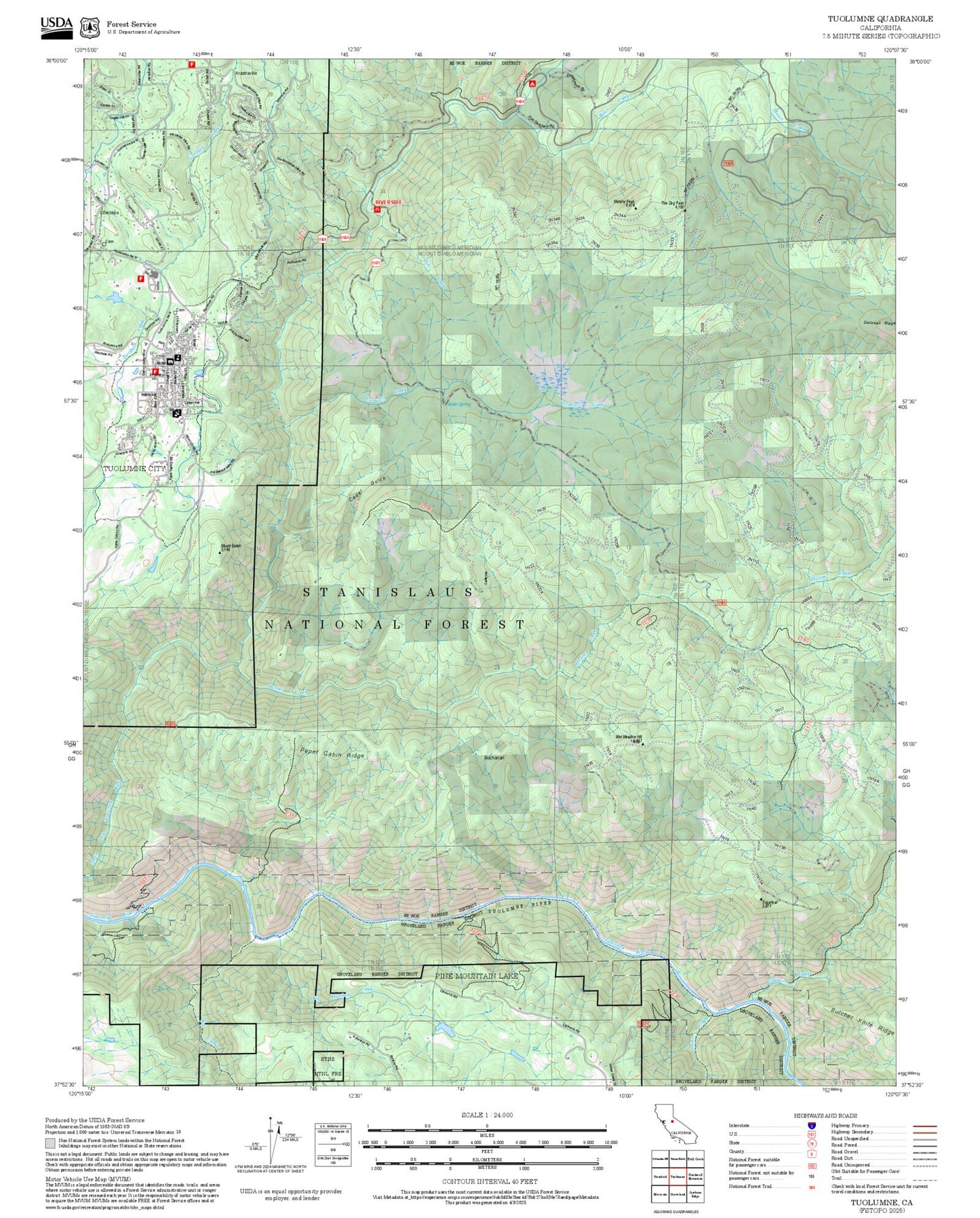 2025 Forest Service Topo Map of Tuolumne California