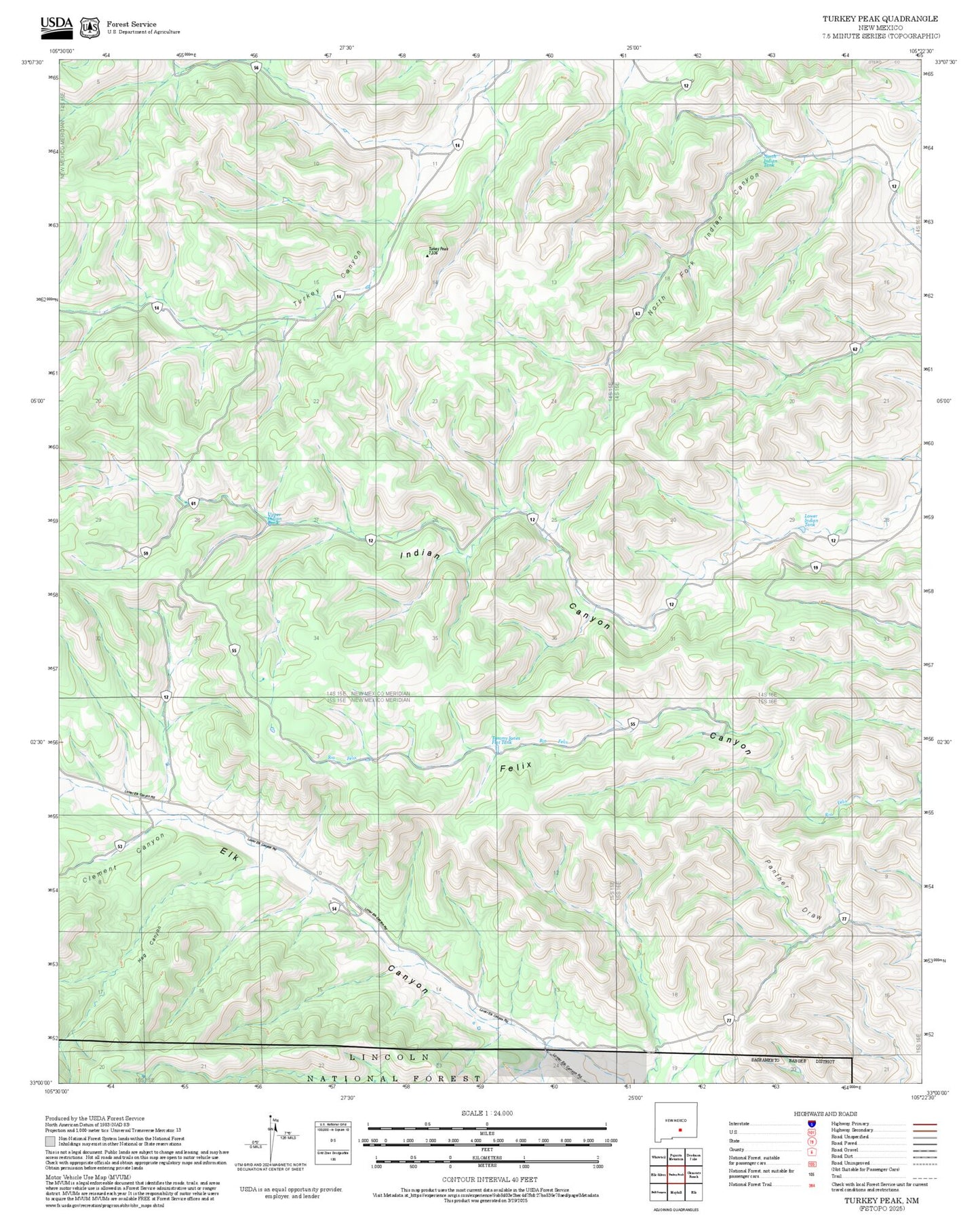 2025 Forest Service Topo Map of Turkey Peak New Mexico