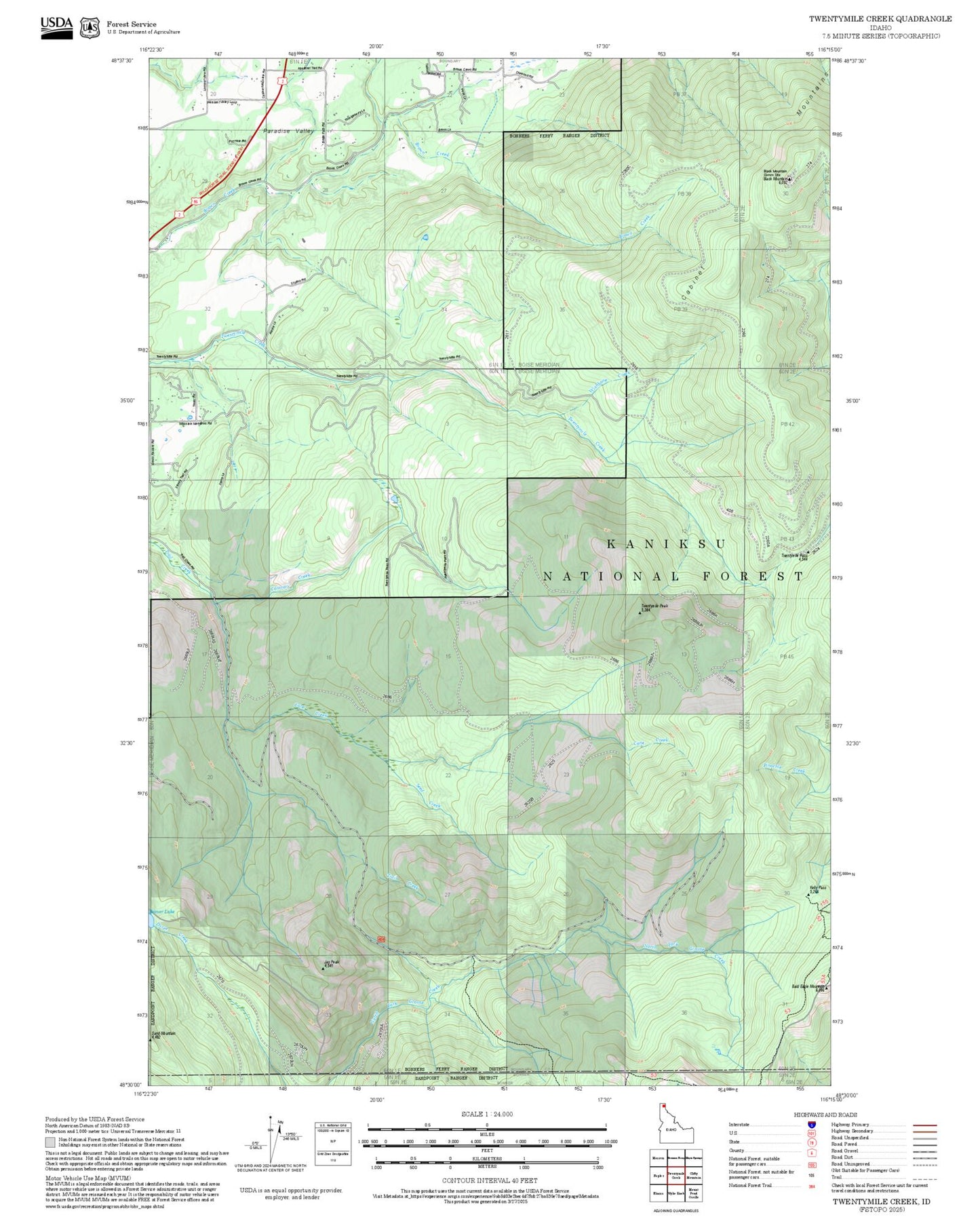 2025 Forest Service Topo Map of Twentymile Creek Idaho