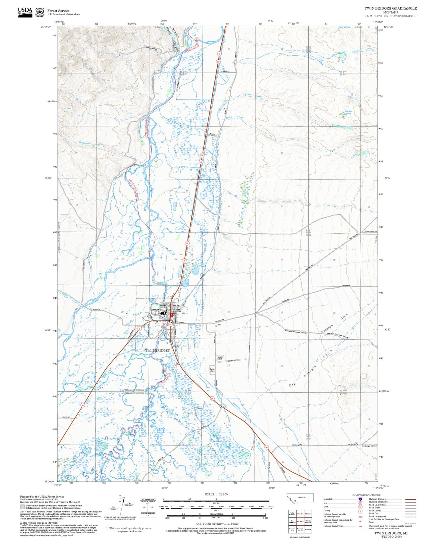2025 Forest Service Topo Map of Twin Bridges Montana