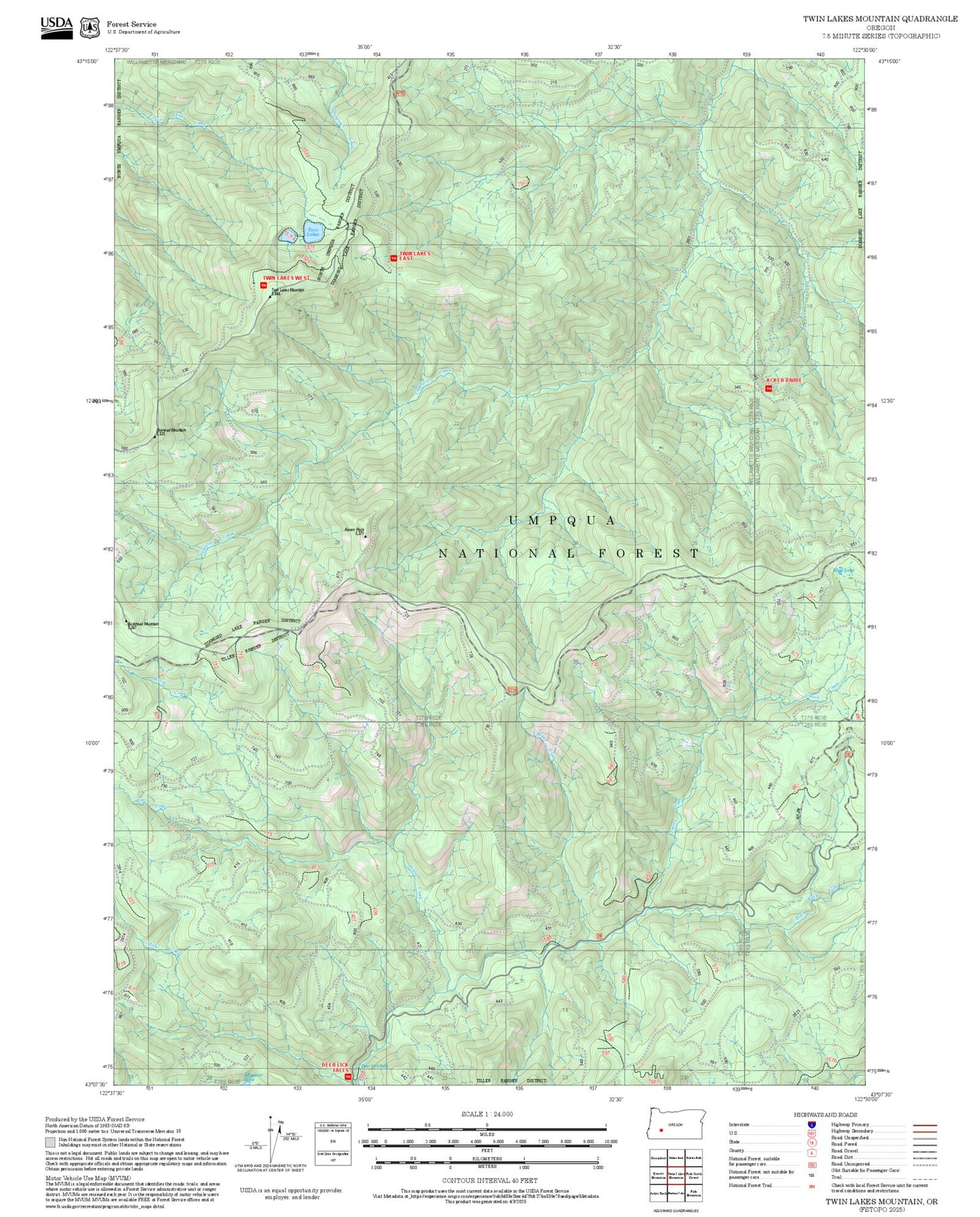2025 Forest Service Topo Map of Twin Lakes Mountain Oregon