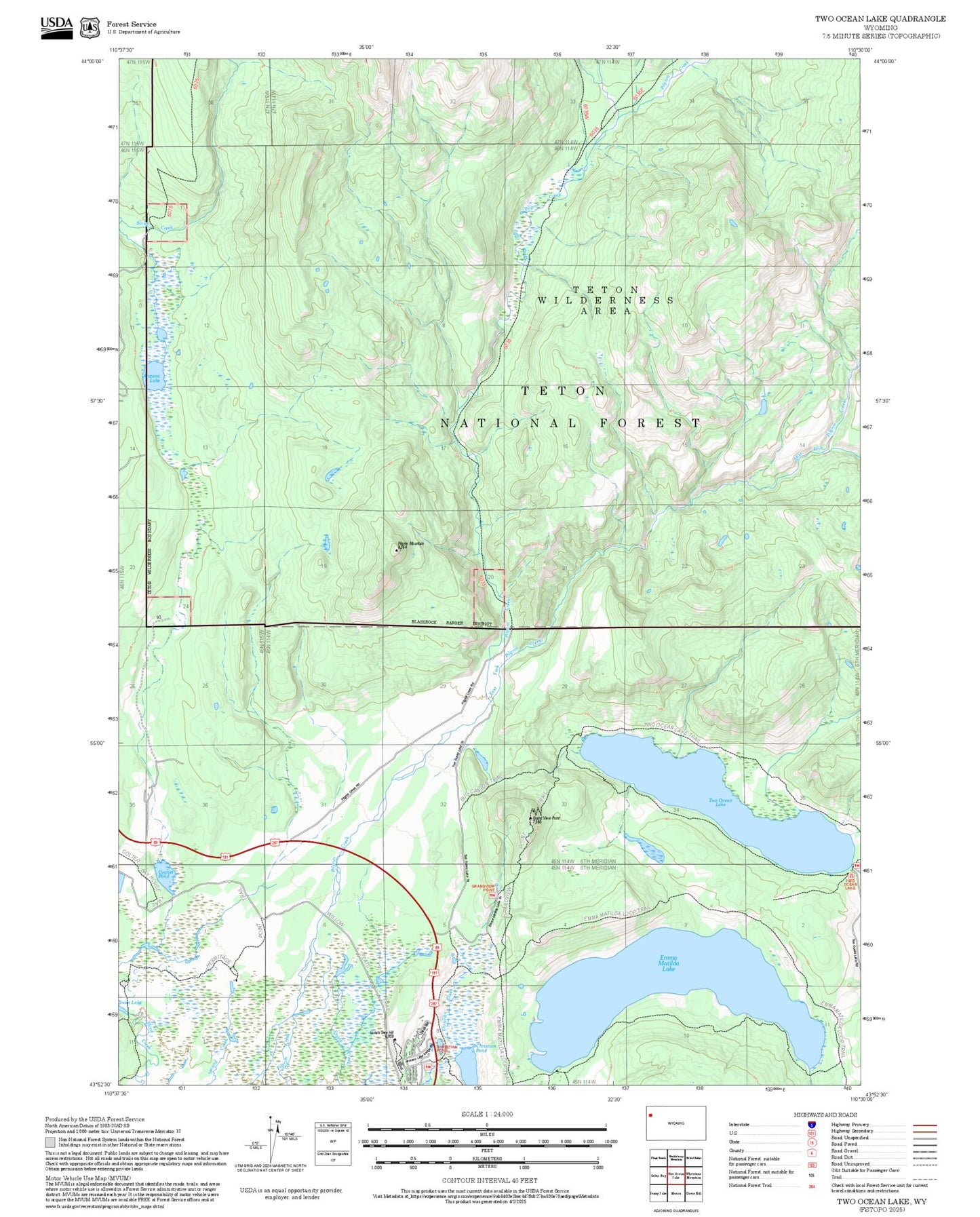 2025 Forest Service Topo Map of Two Ocean Lake Wyoming