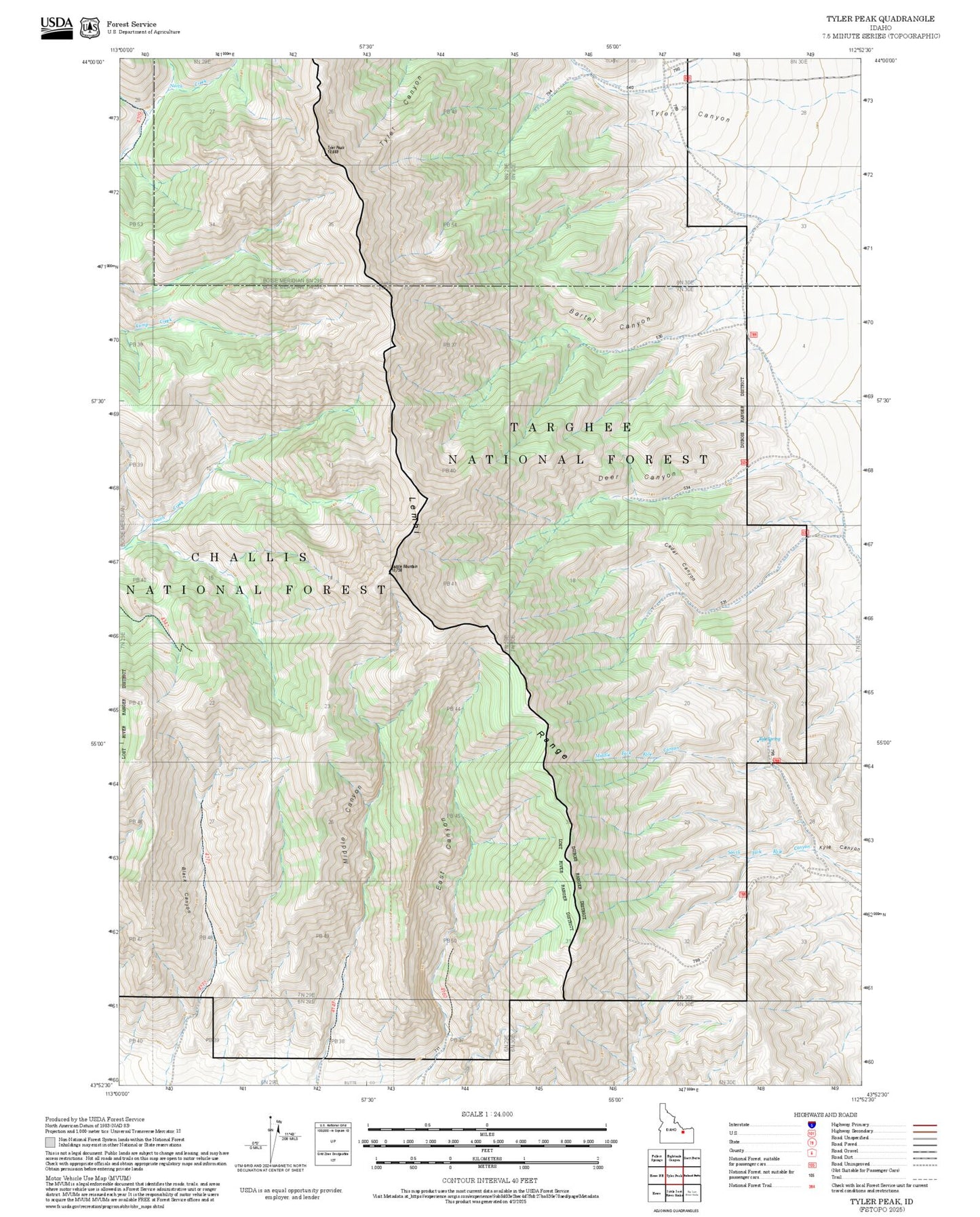2025 Forest Service Topo Map of Tyler Peak Idaho