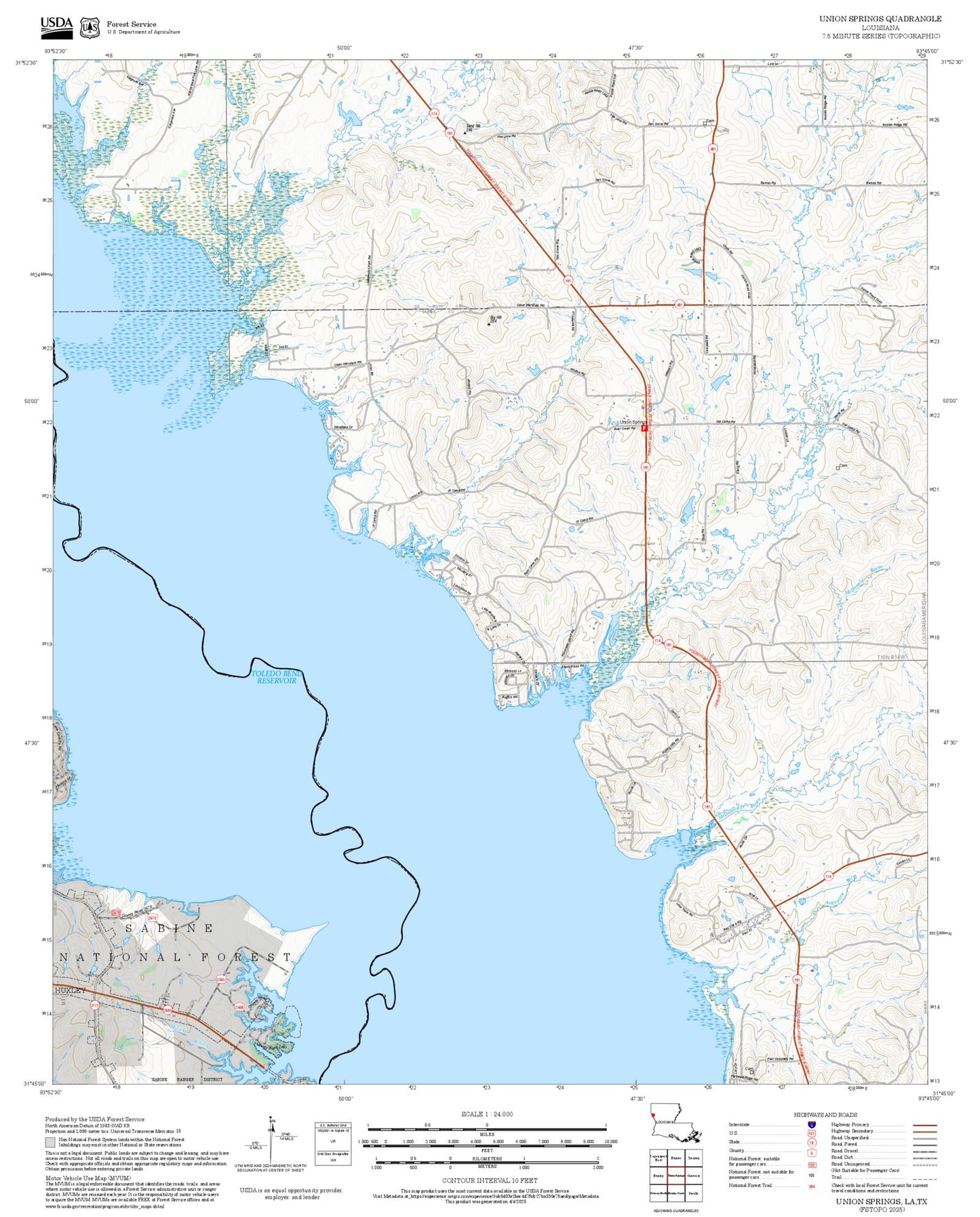 2025 Forest Service Topo Map of Union Springs Louisiana