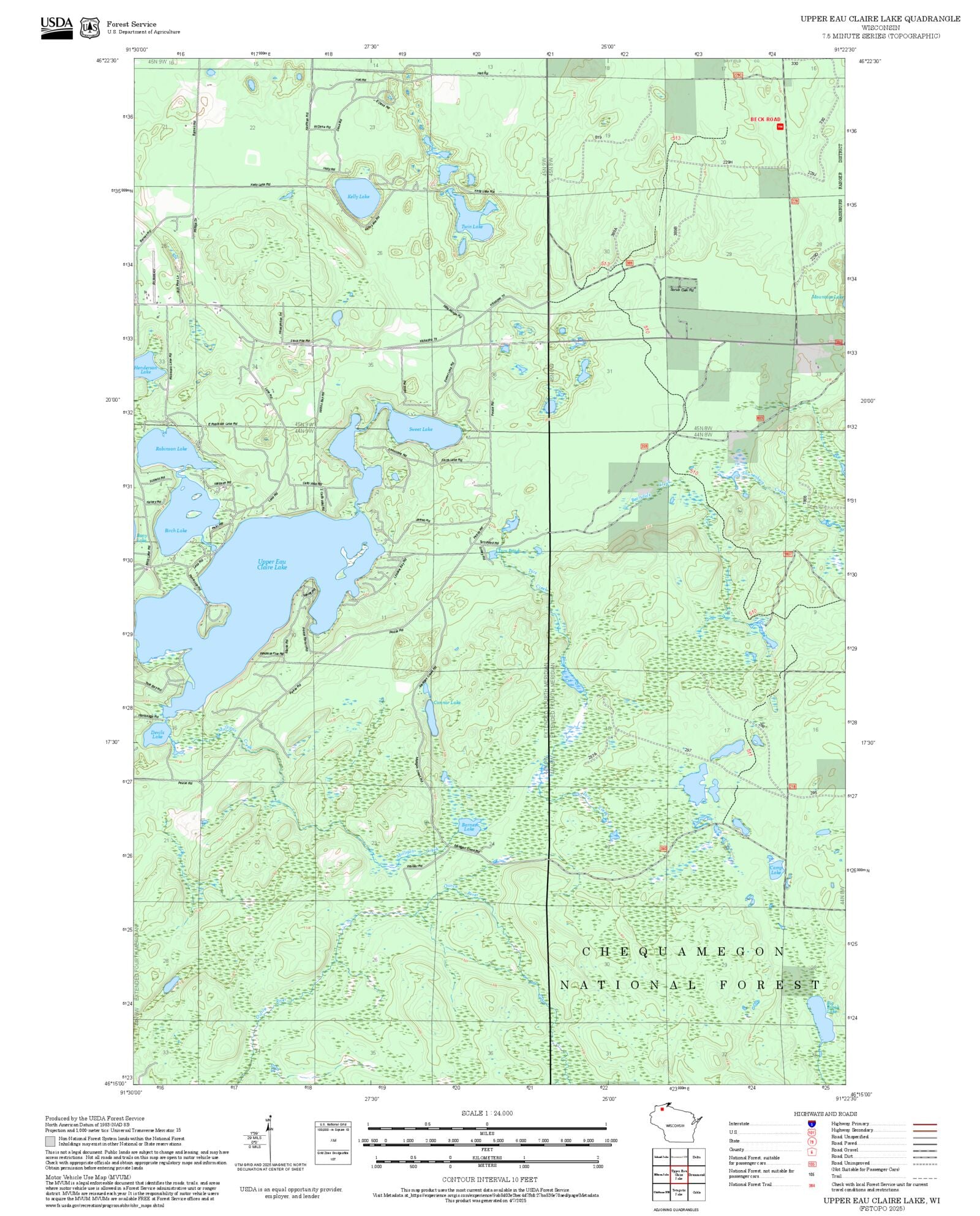 2025 Forest Service Topo Map of Upper Eau Claire Lake