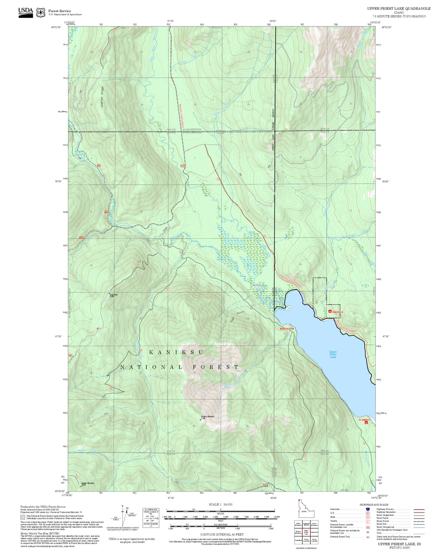2025 Forest Service Topo Map of Upper Priest Lake Idaho