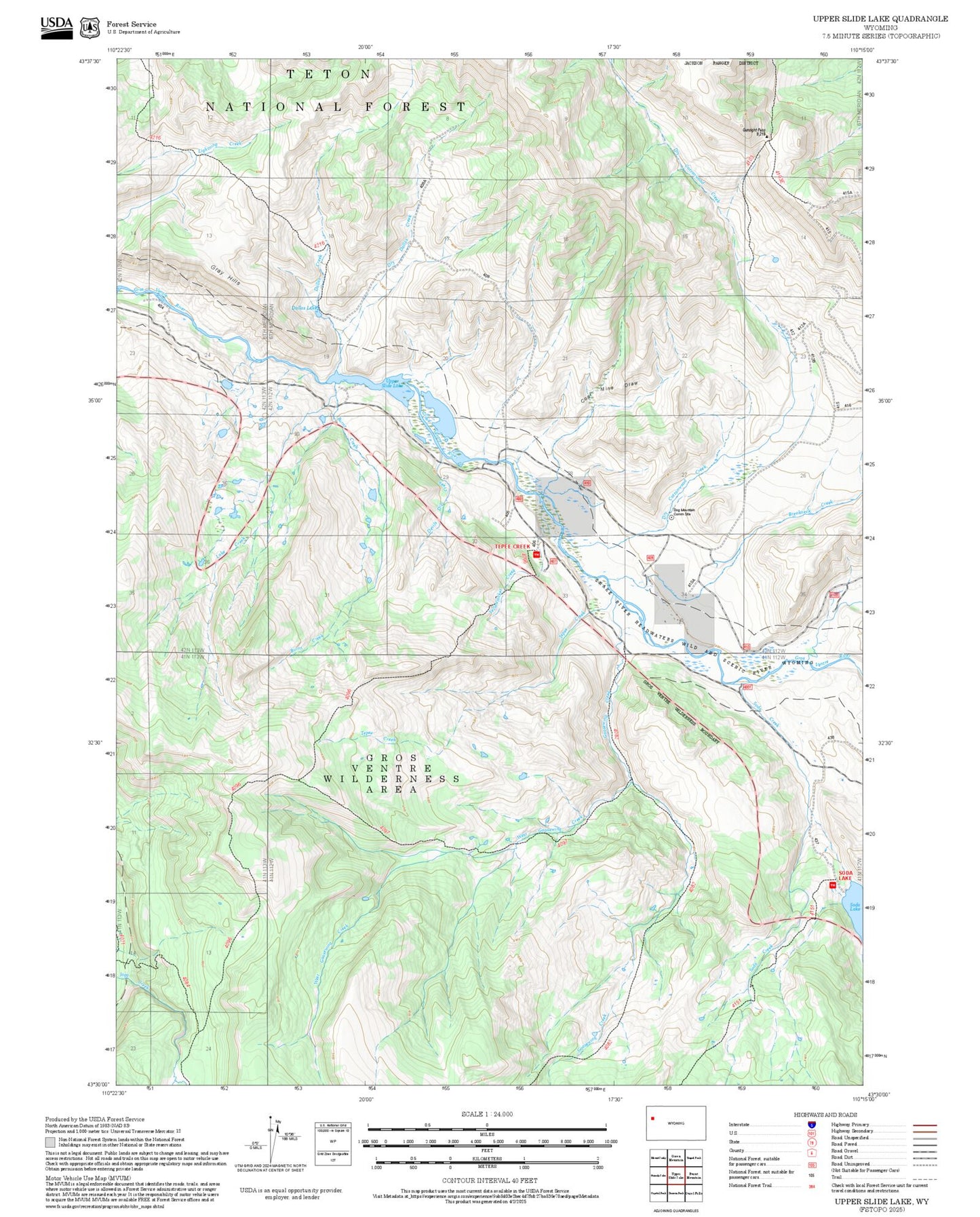 2025 Forest Service Topo Map of Upper Slide Lake Wyoming