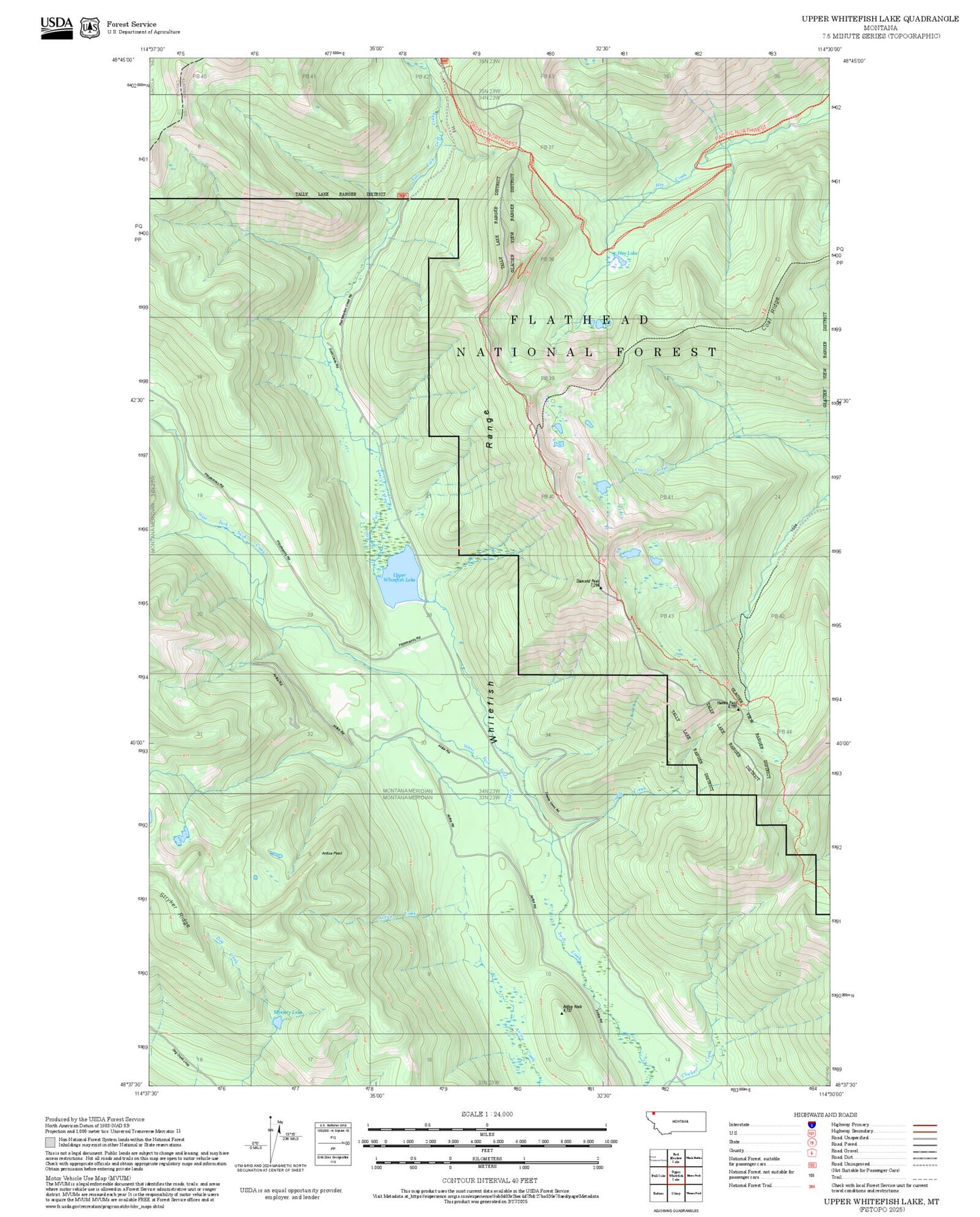 2025 Forest Service Topo Map of Upper Whitefish Lake Montana