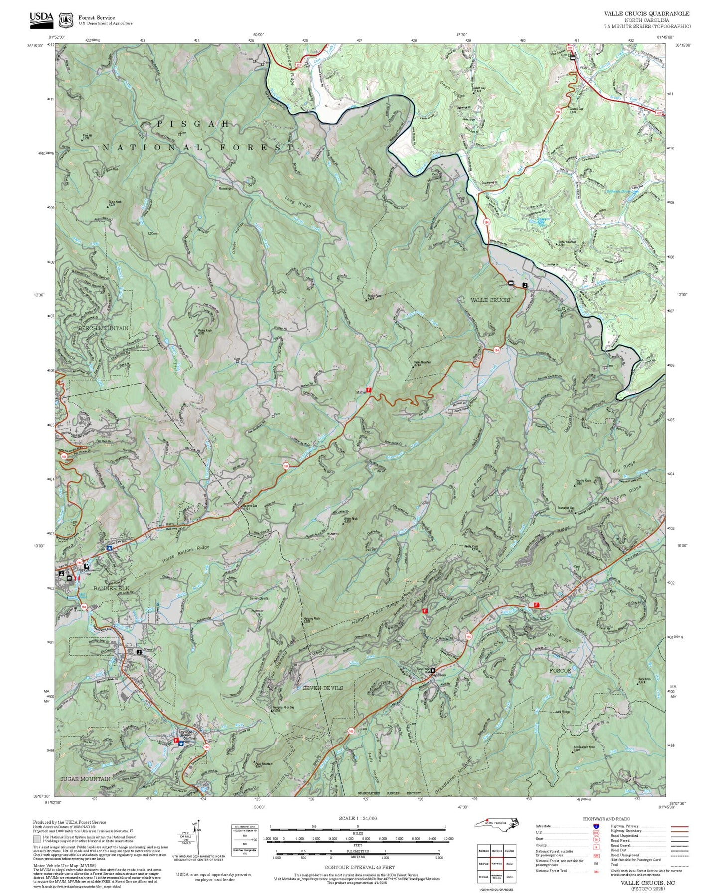 2025 Forest Service Topo Map of Valle Crucis North Carolina