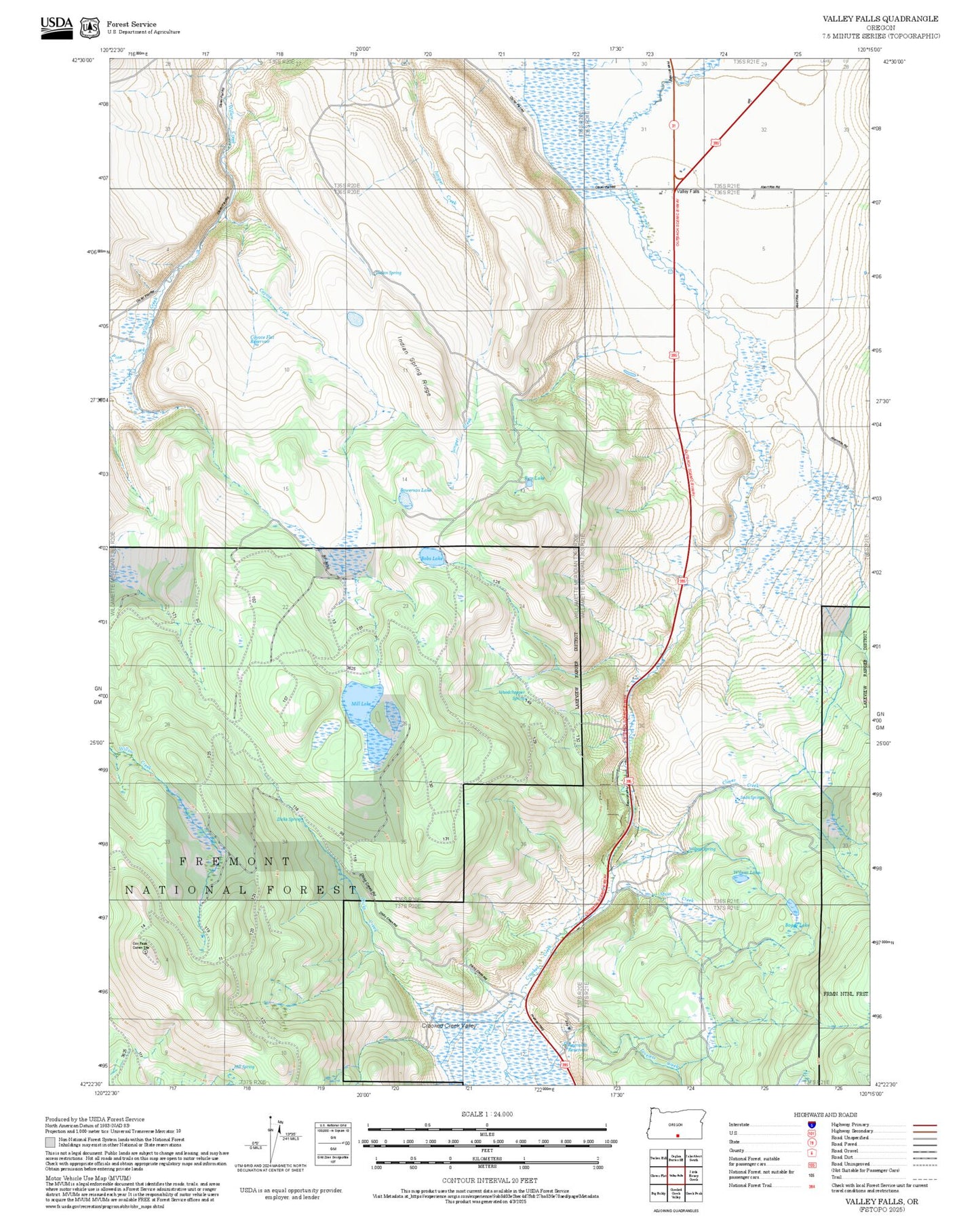 2025 Forest Service Topo Map of Valley Falls Oregon