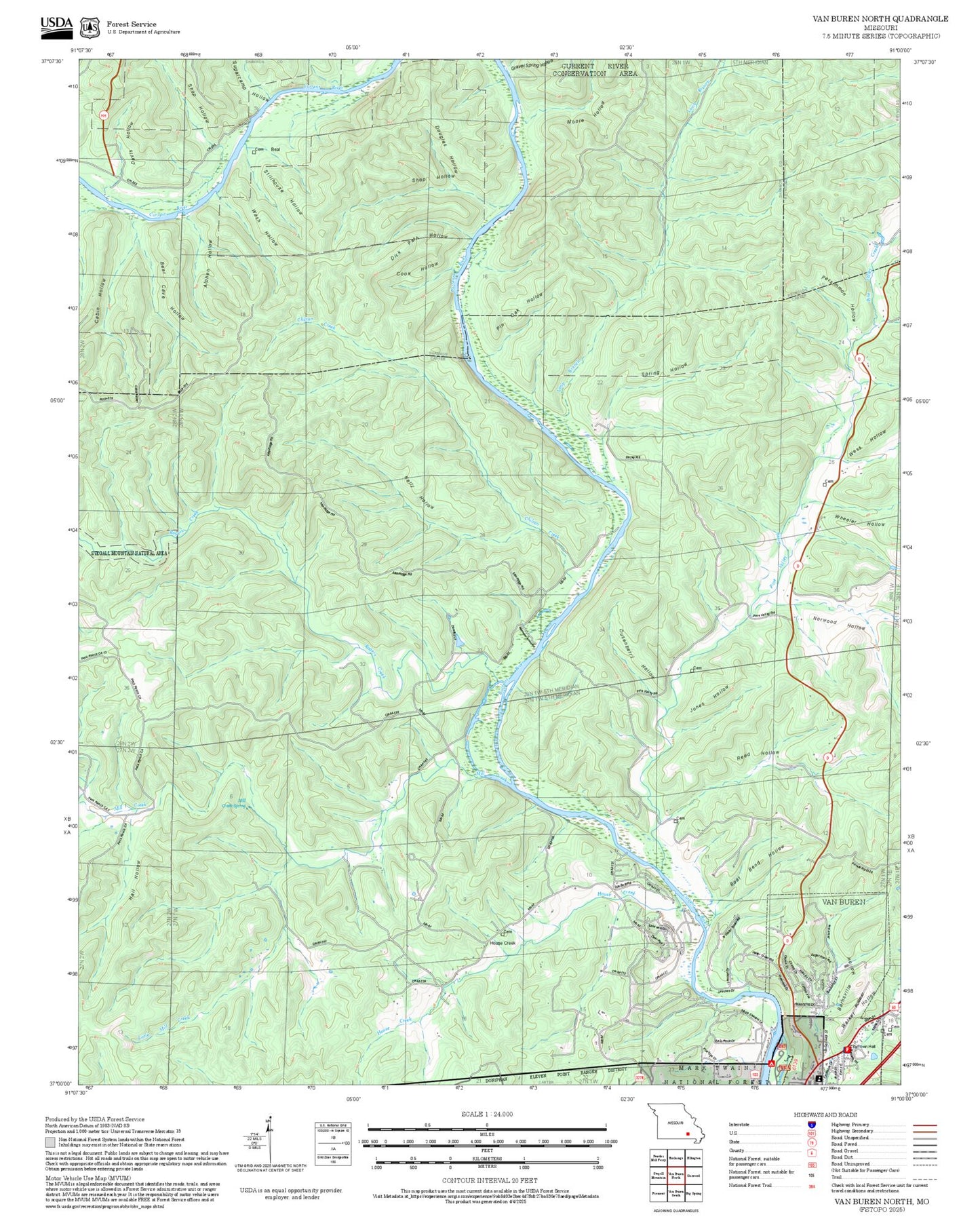 2025 Forest Service Topo Map of Van Buren North Missouri