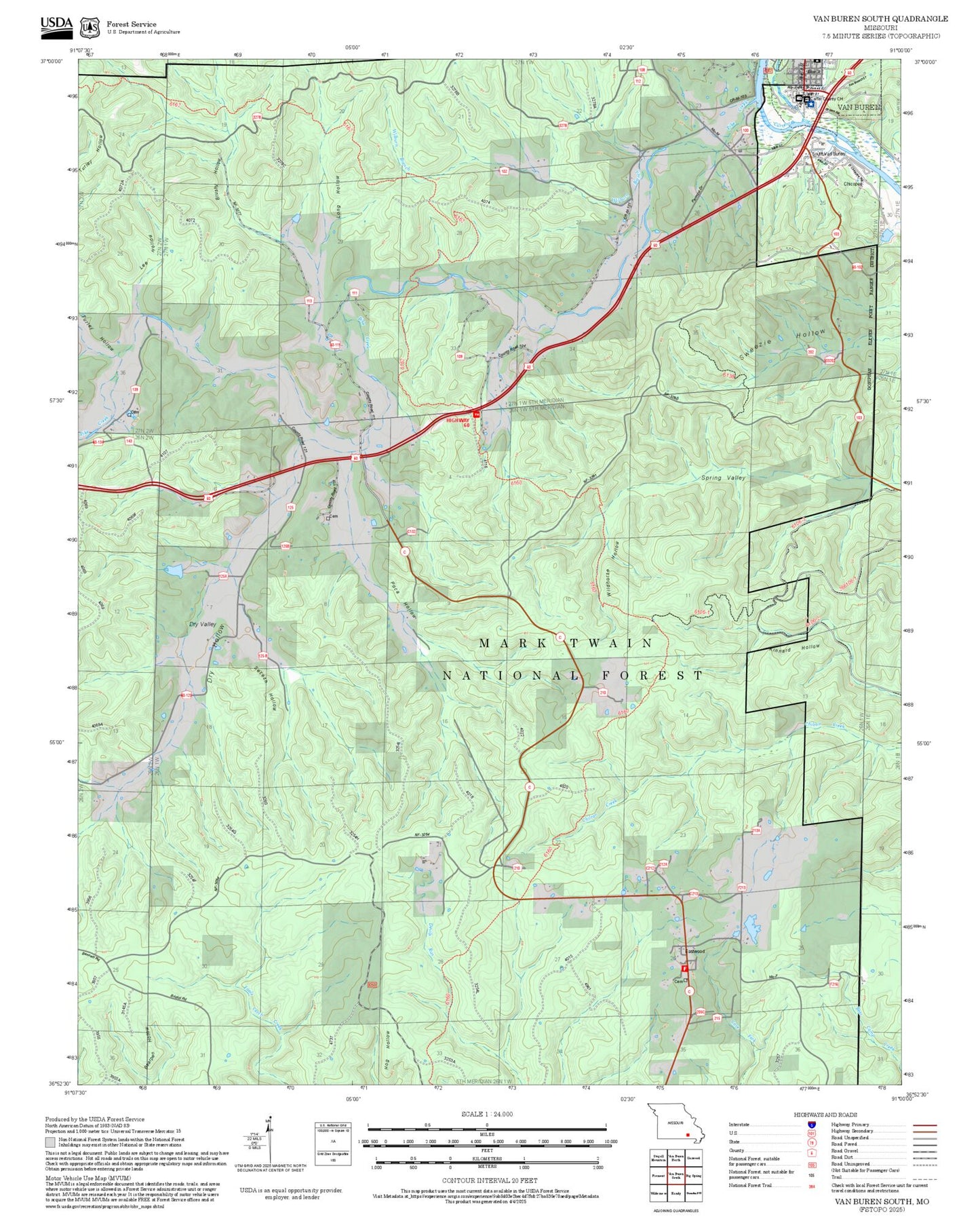 2025 Forest Service Topo Map of Van Buren South Missouri