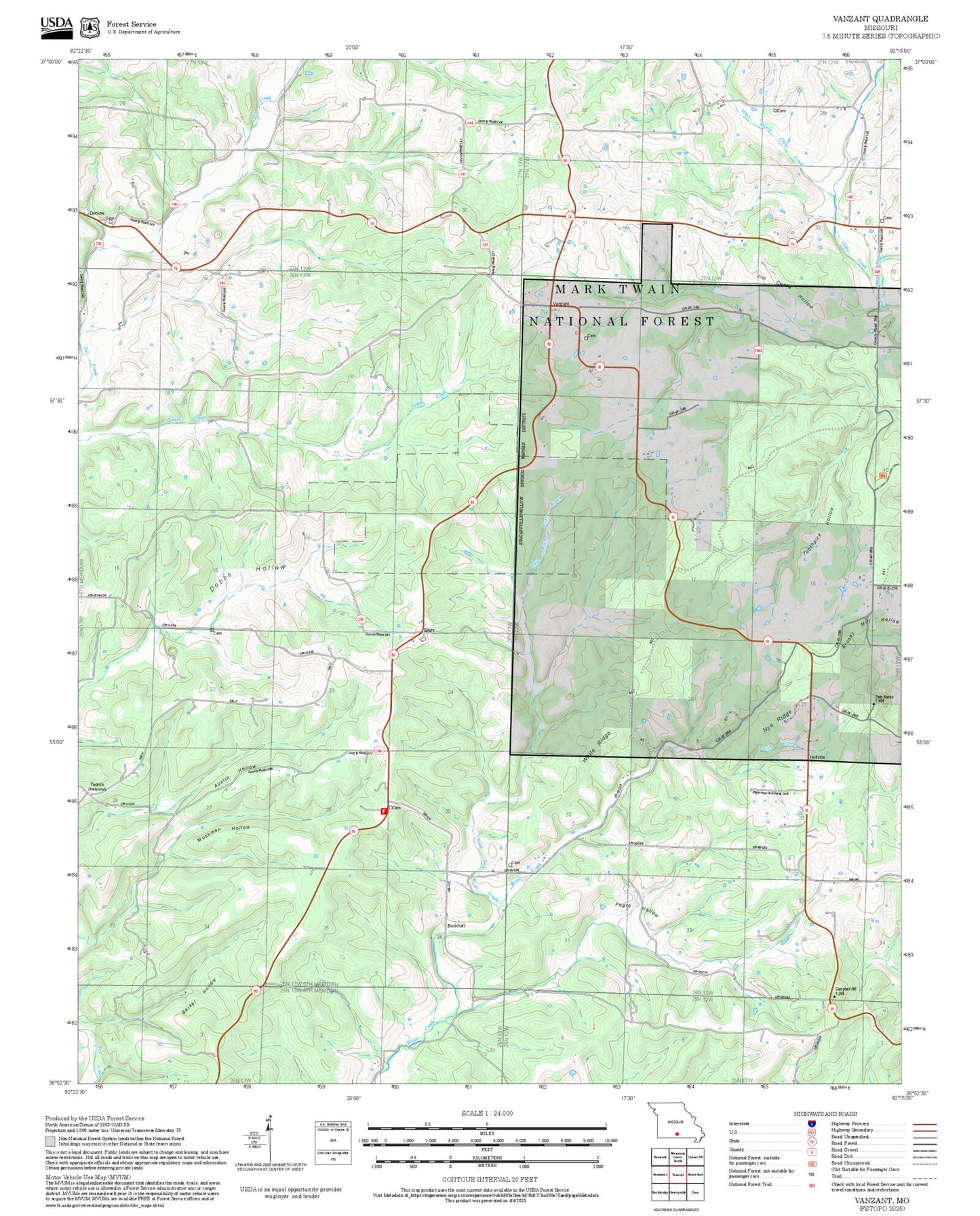 2025 Forest Service Topo Map of Vanzant Missouri
