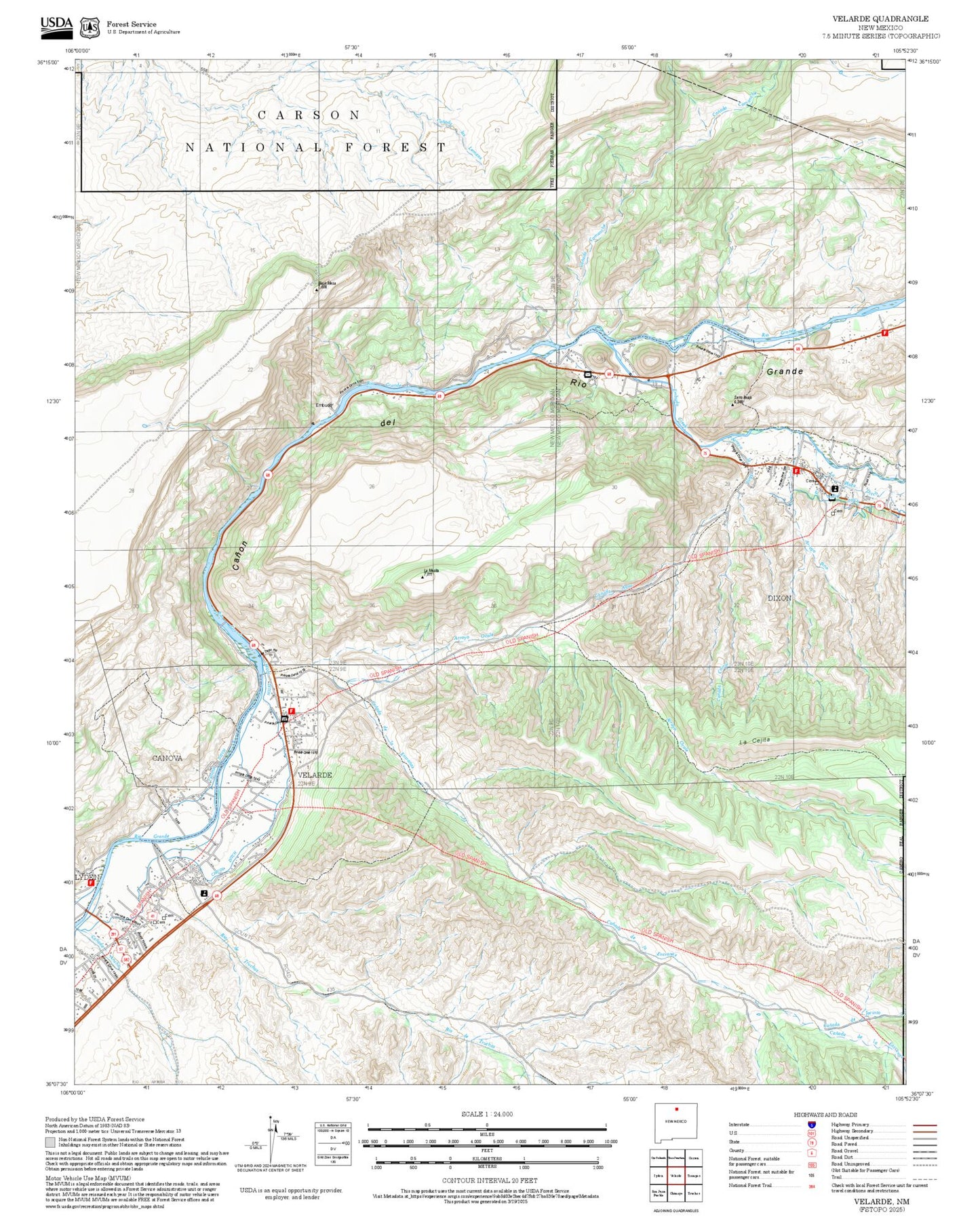 2025 Forest Service Topo Map of Velarde New Mexico