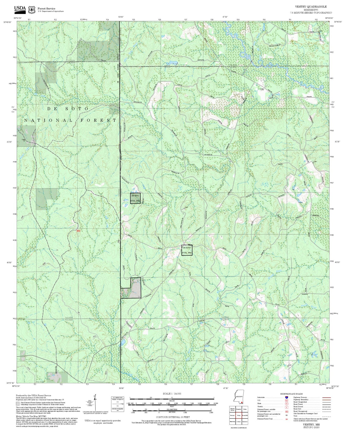 2025 Forest Service Topo Map of Vestry Mississippi