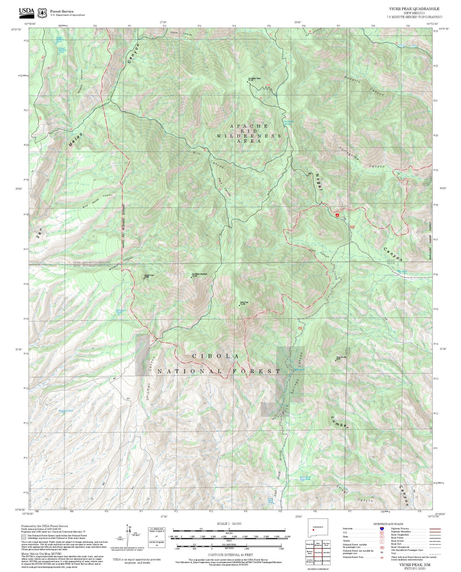2025 Forest Service Topo Map of Vicks Peak New Mexico