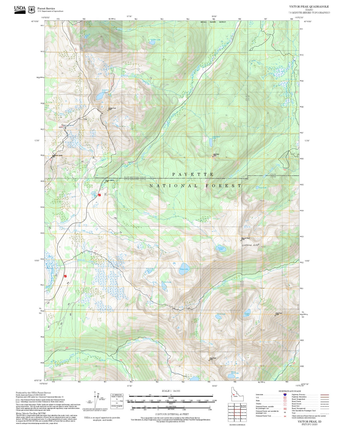2025 Forest Service Topo Map of Victor Peak Idaho
