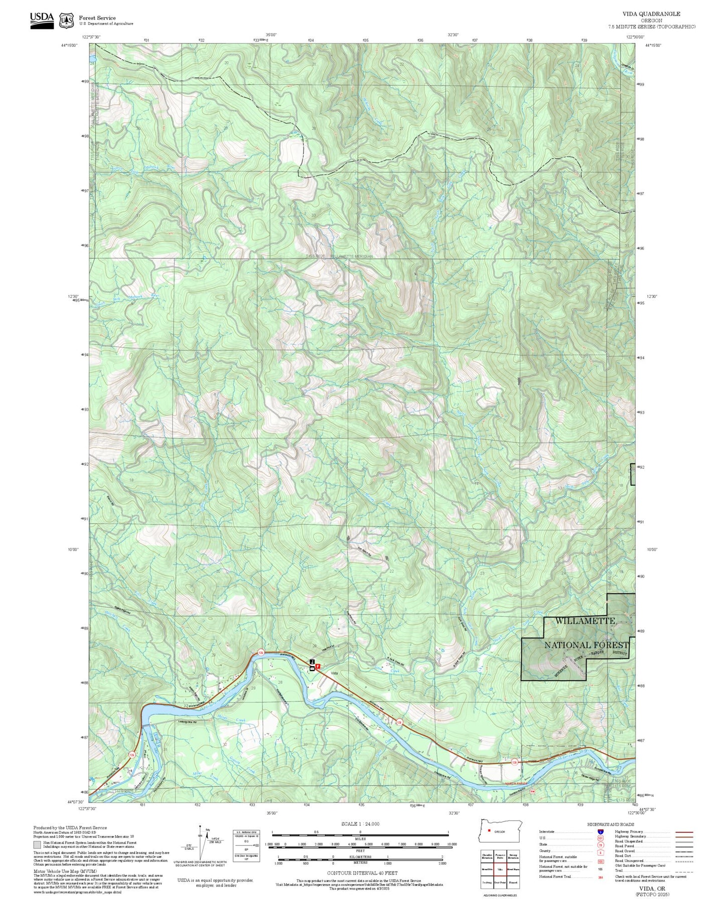 2025 Forest Service Topo Map of Vida Oregon