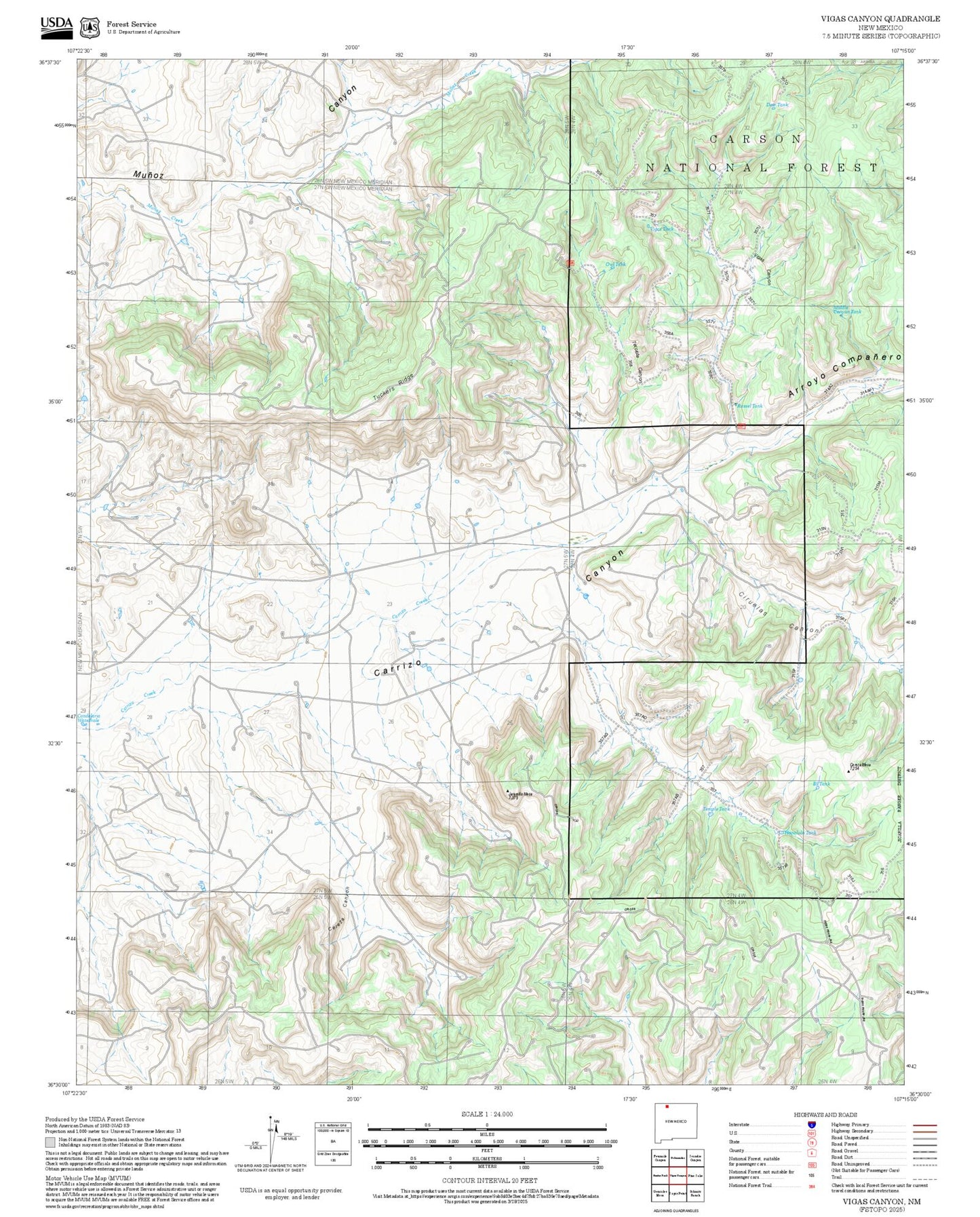 2025 Forest Service Topo Map of Vigas Canyon New Mexico