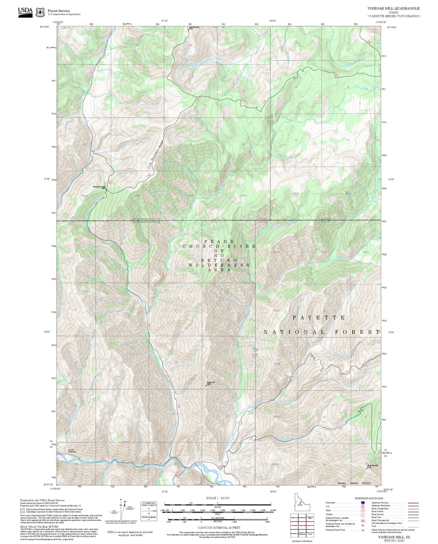 2025 Forest Service Topo Map of Vinegar Hill Idaho