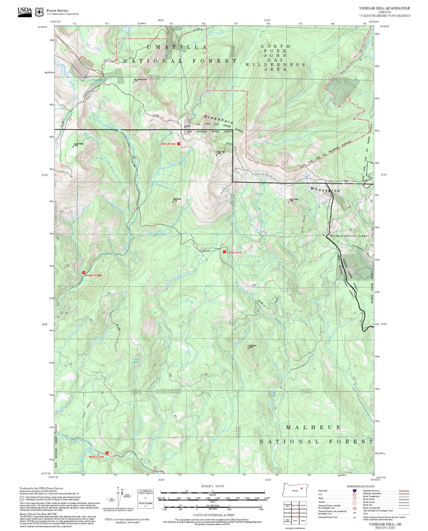 2025 Forest Service Topo Map of Vinegar Hill Oregon