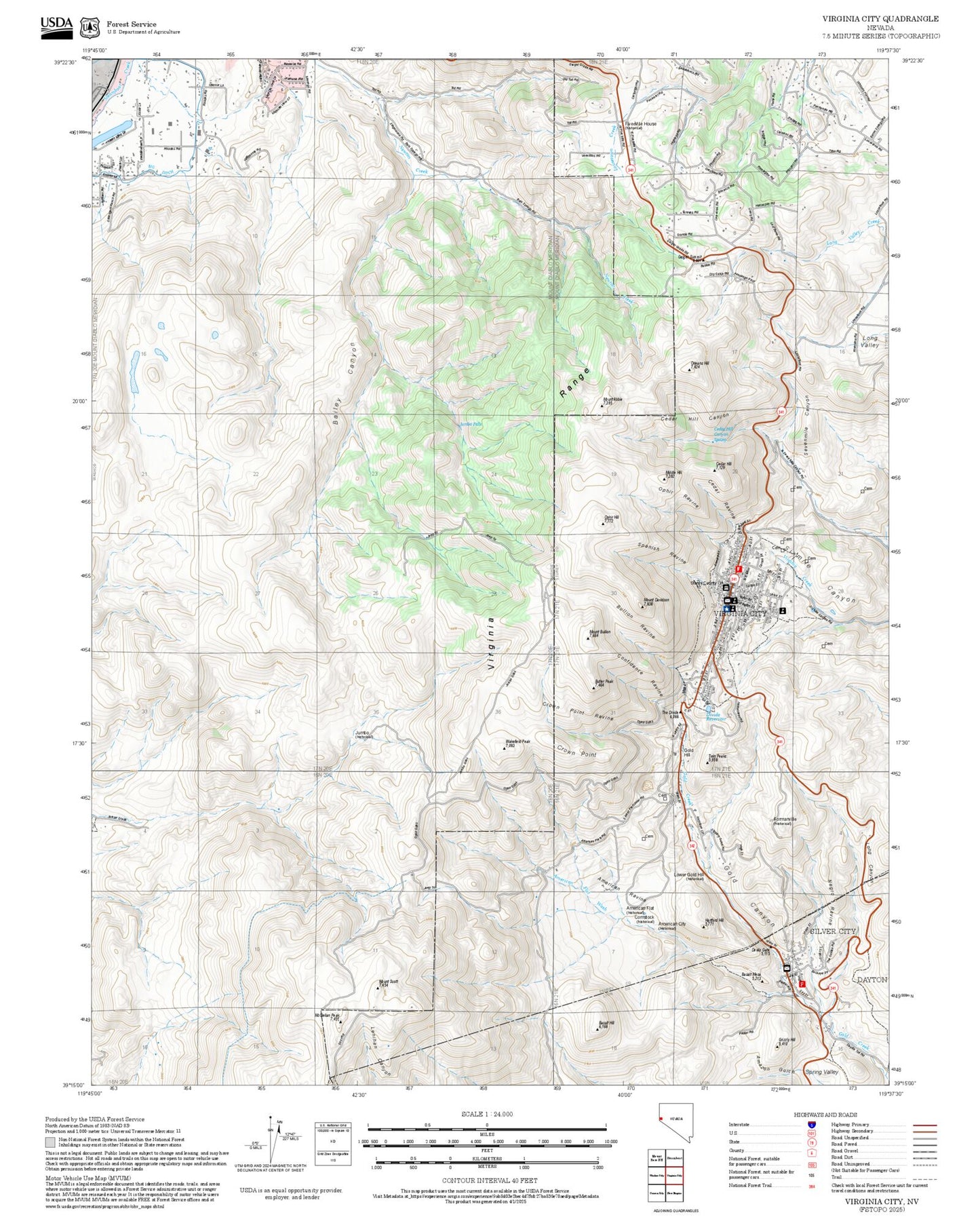 2025 Forest Service Topo Map of Virginia City Nevada