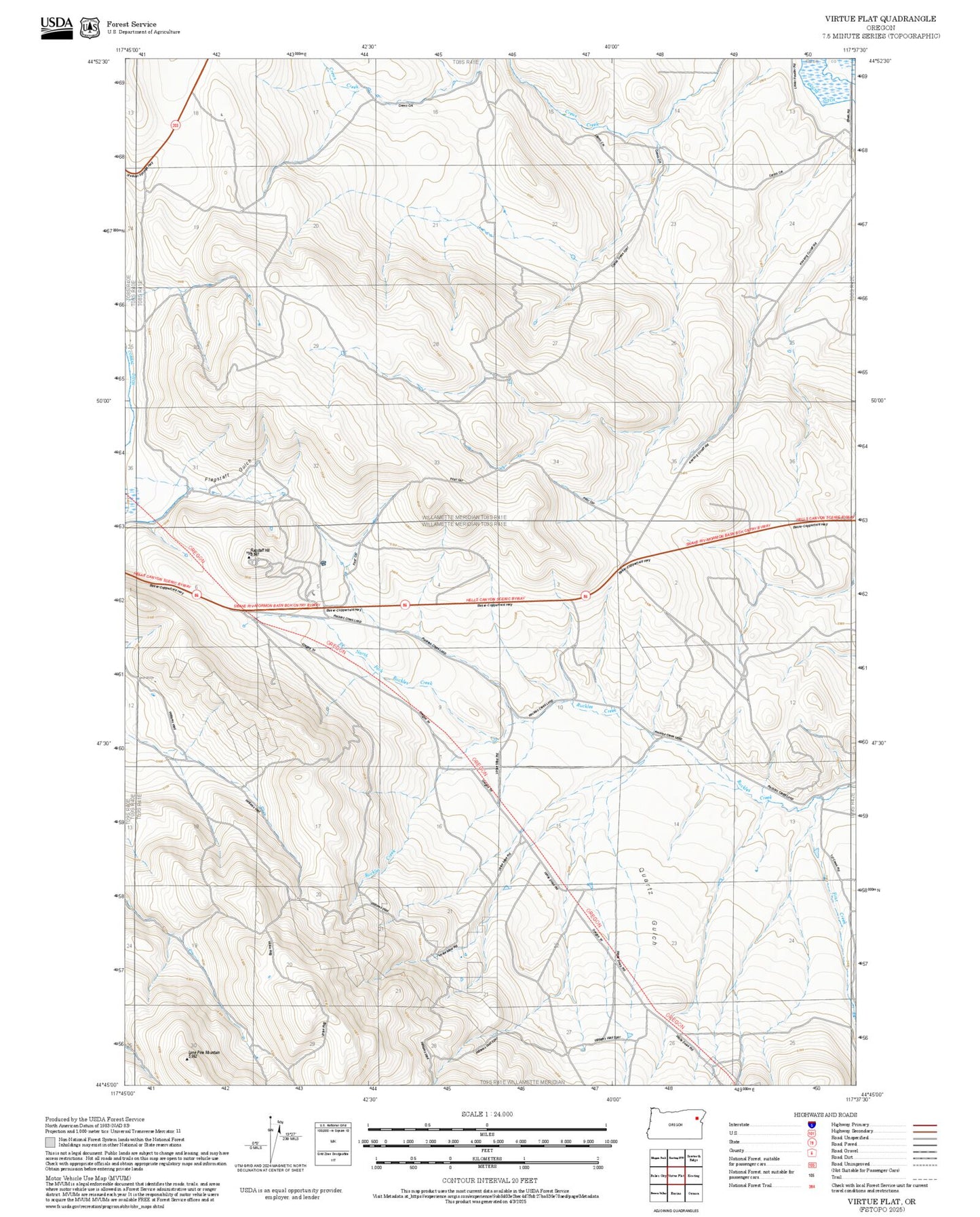 2025 Forest Service Topo Map of Virtue Flat Oregon