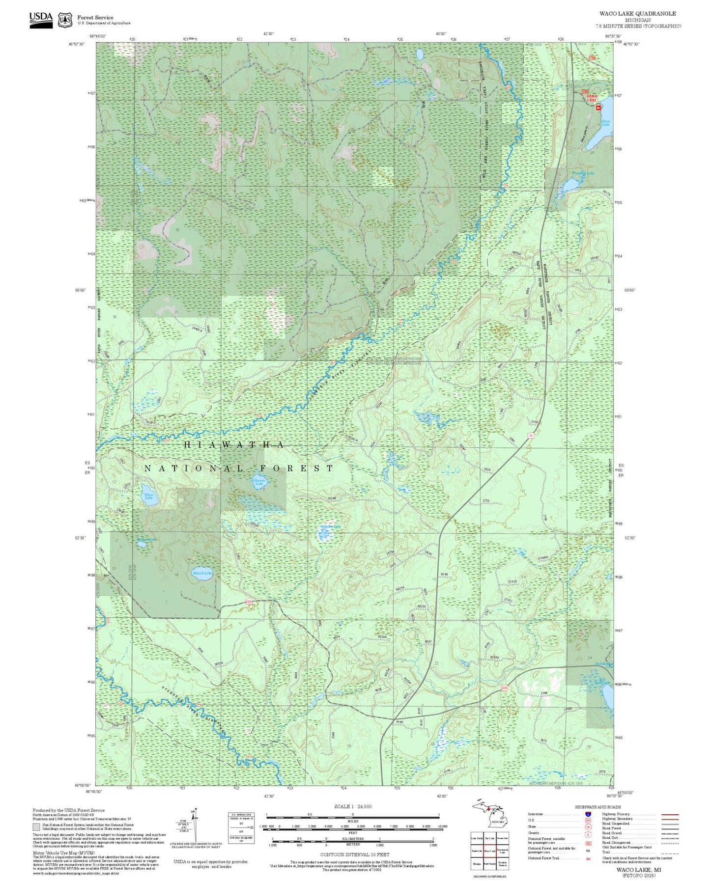 2025 Forest Service Topo Map of Waco Lake Michigan
