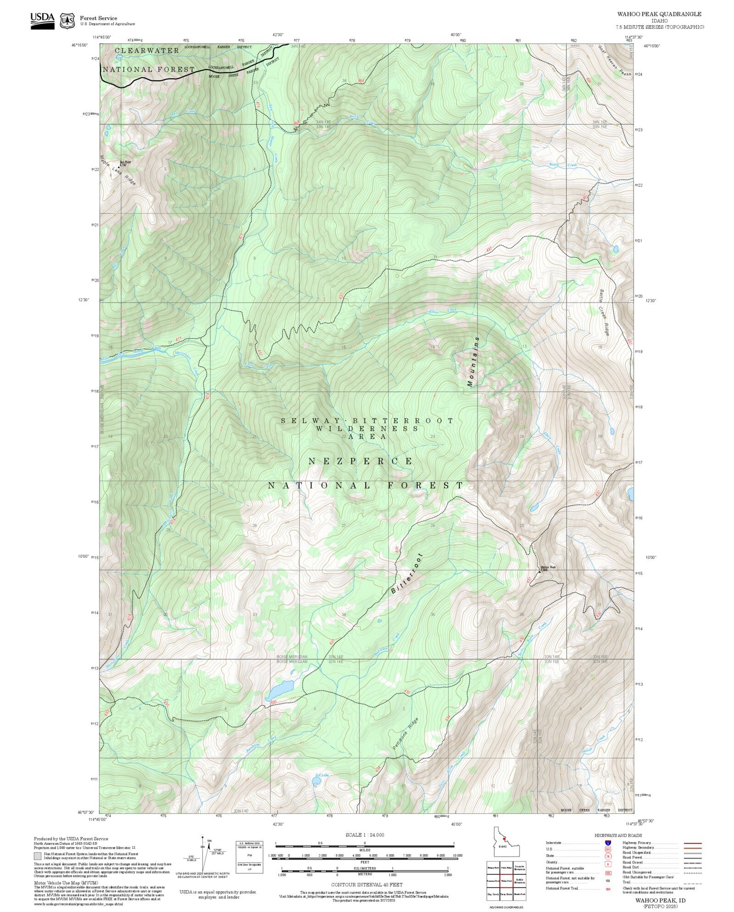 2025 Forest Service Topo Map of Wahoo Peak Idaho