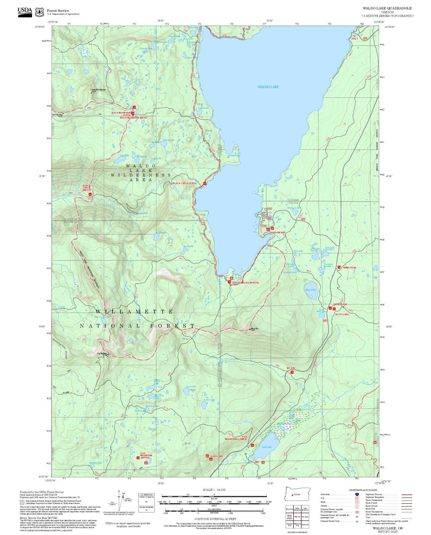 2025 Forest Service Topo Map of Waldo Lake Oregon