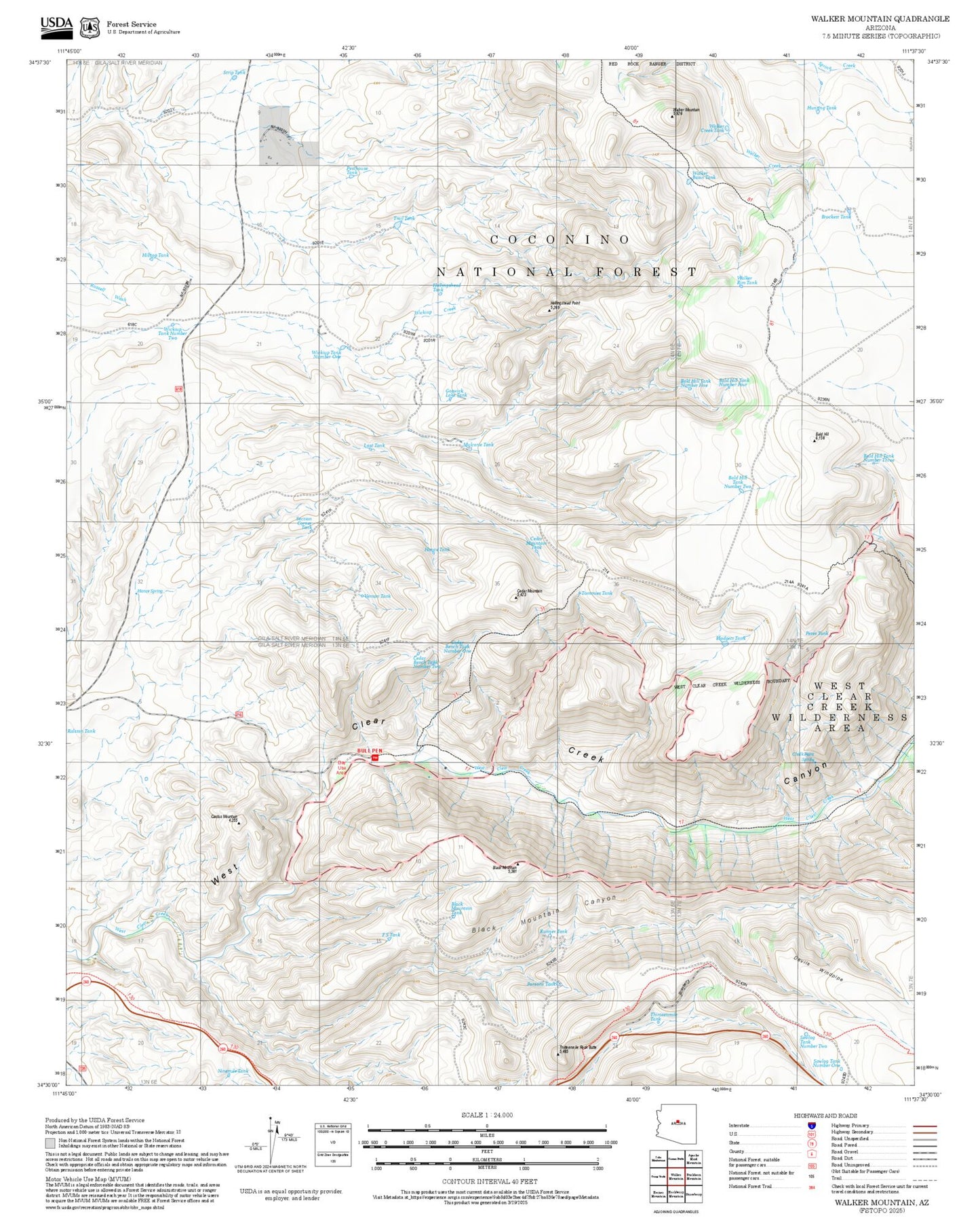 2025 Forest Service Topo Map of Walker Mountain Arizona