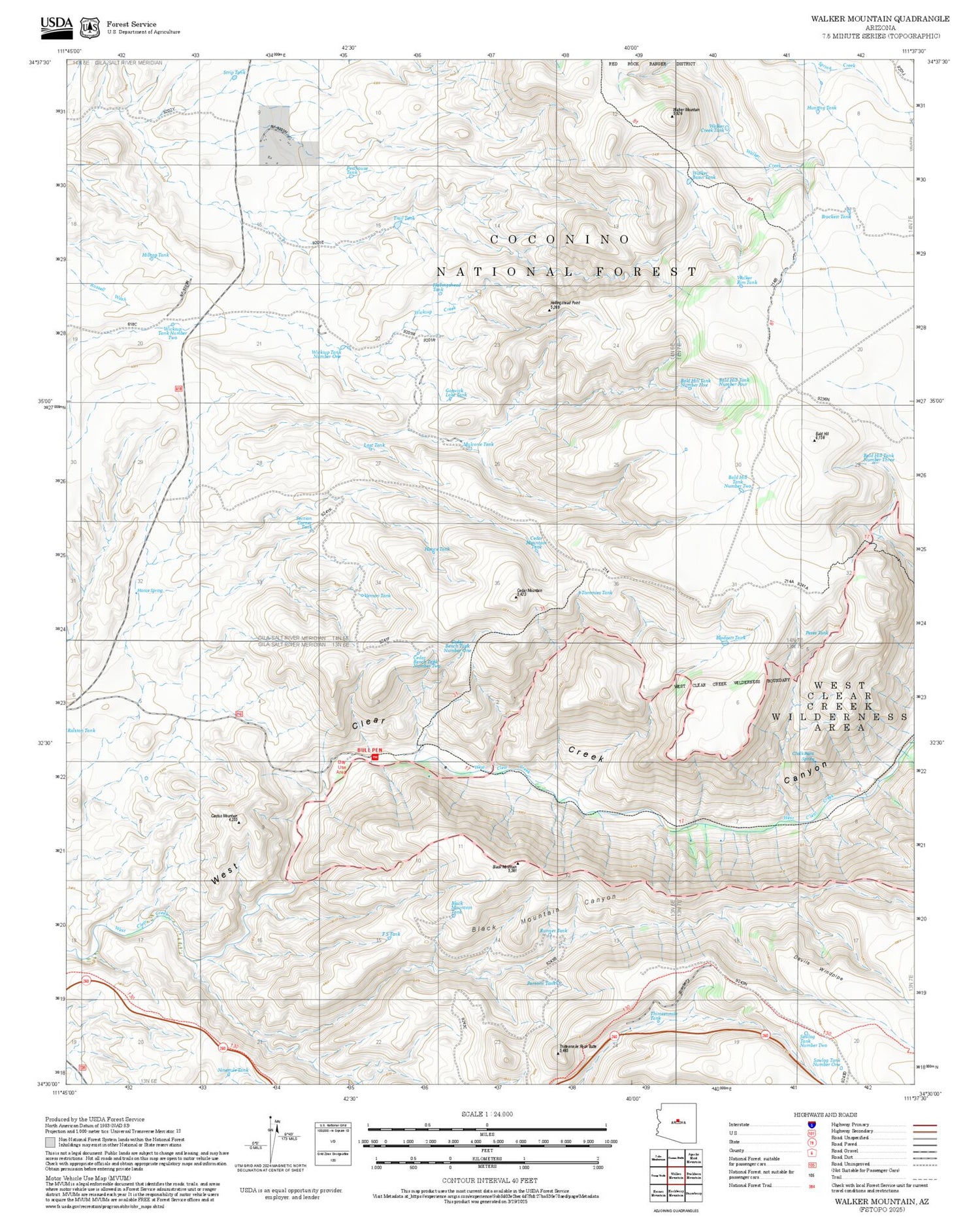 2025 Forest Service Topo Map of Walker Mountain Arizona