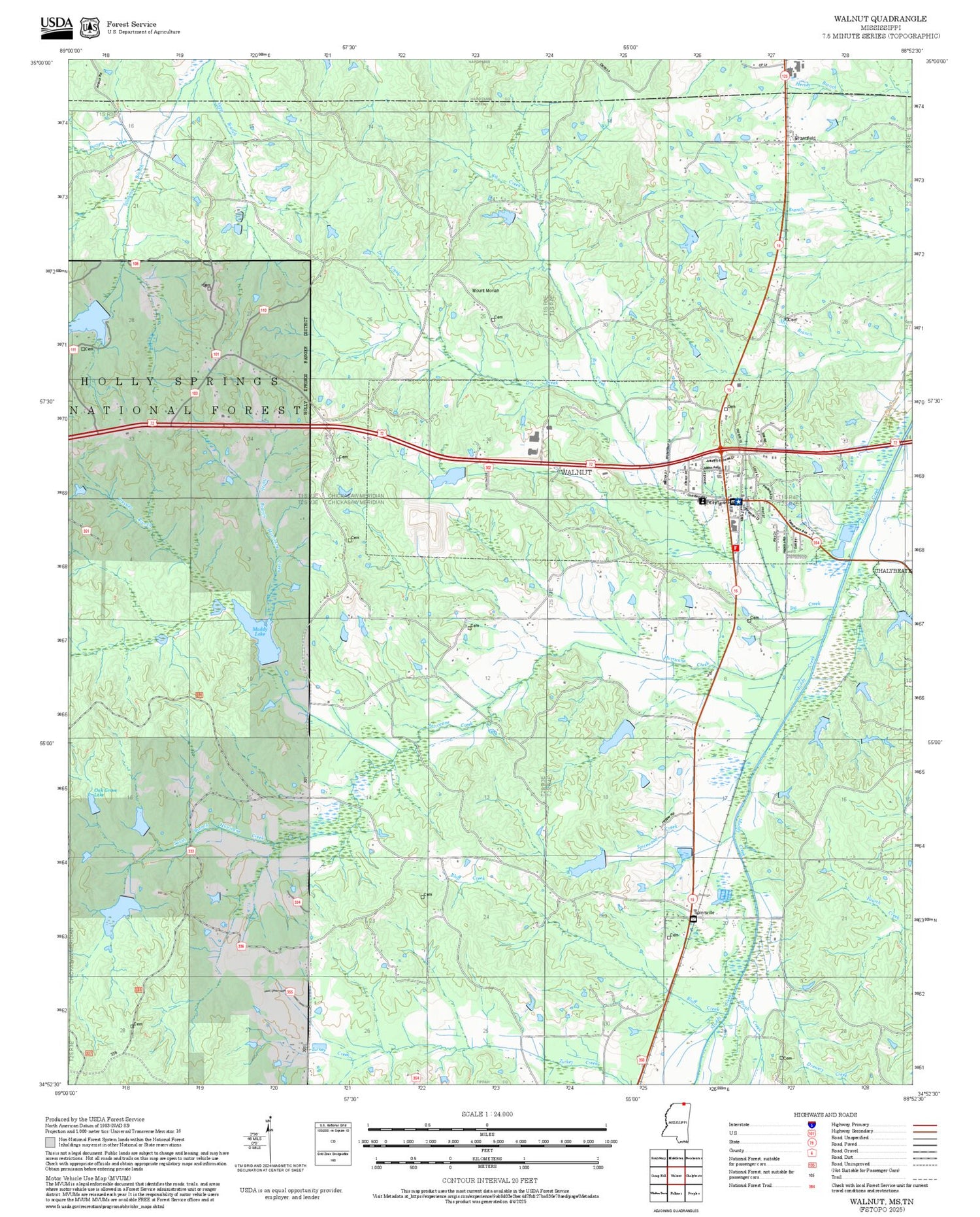 2025 Forest Service Topo Map of Walnut Mississippi