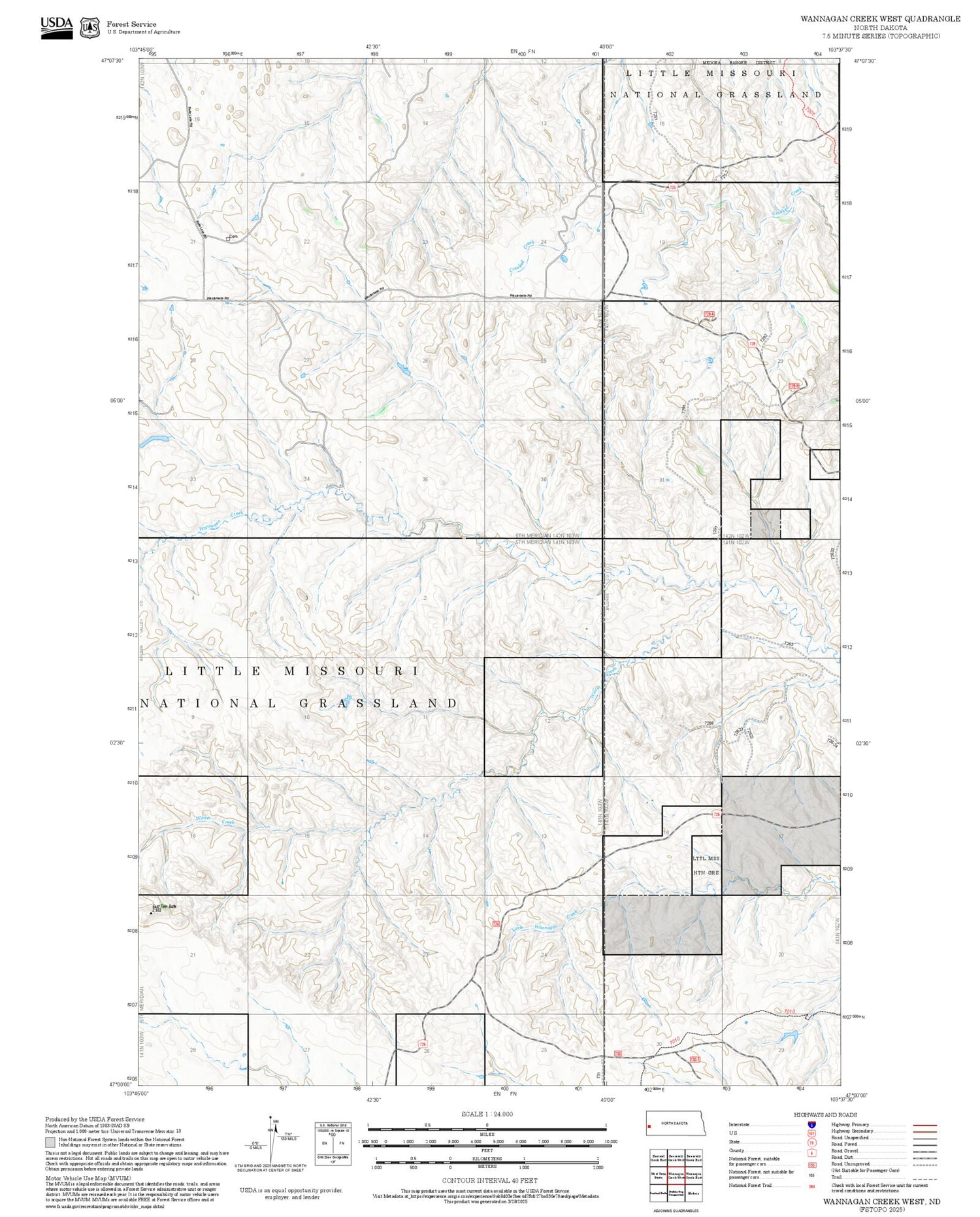 2025 Forest Service Topo Map of Wannagan Creek West North Dakota