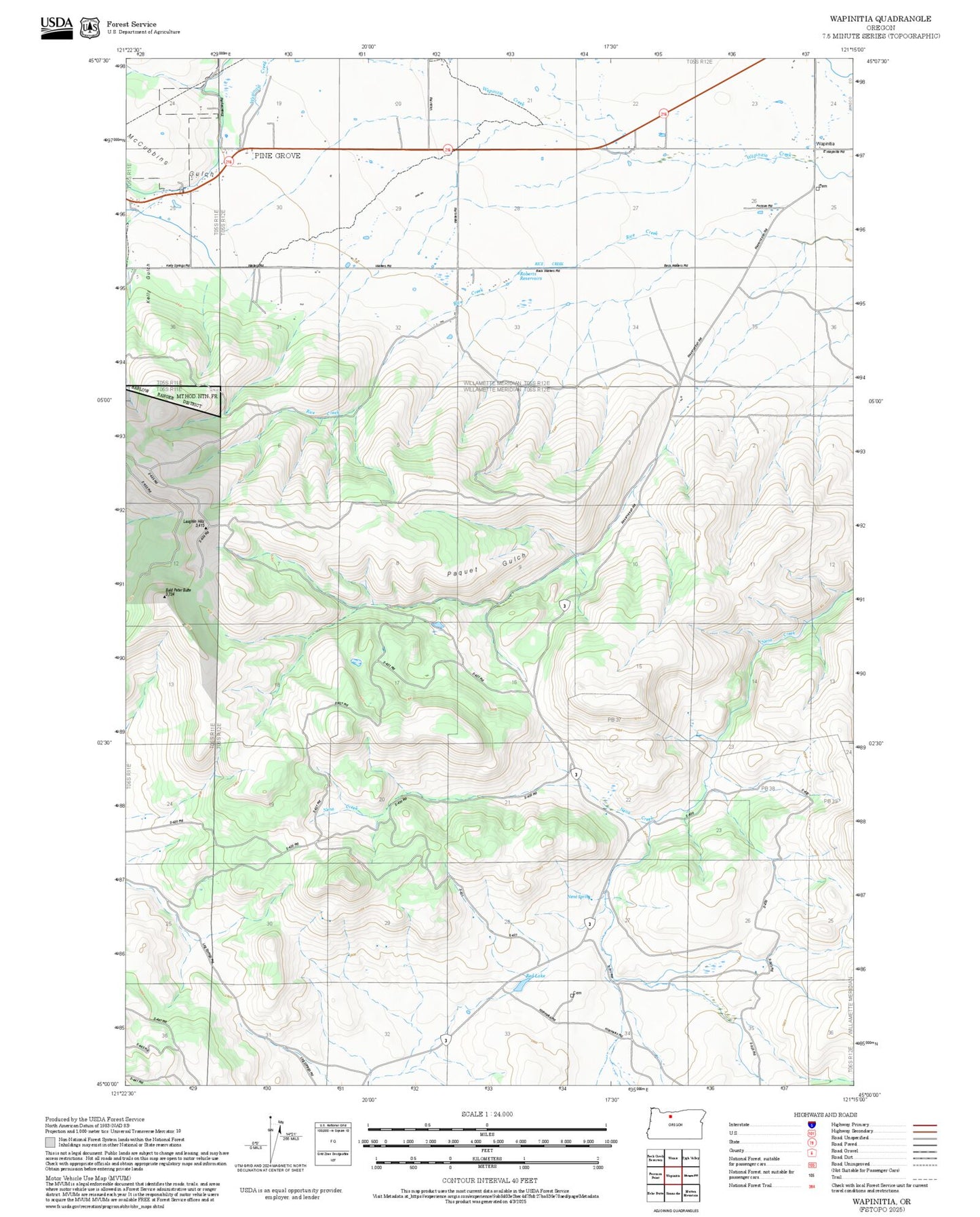 2025 Forest Service Topo Map of Wapinitia Oregon