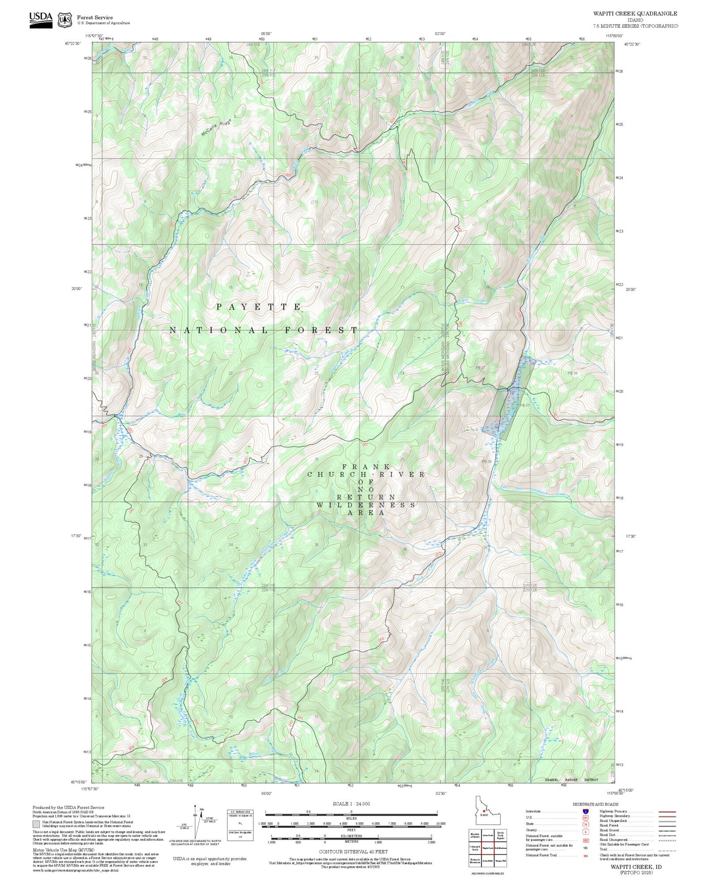 2025 Forest Service Topo Map of Wapiti Creek Idaho