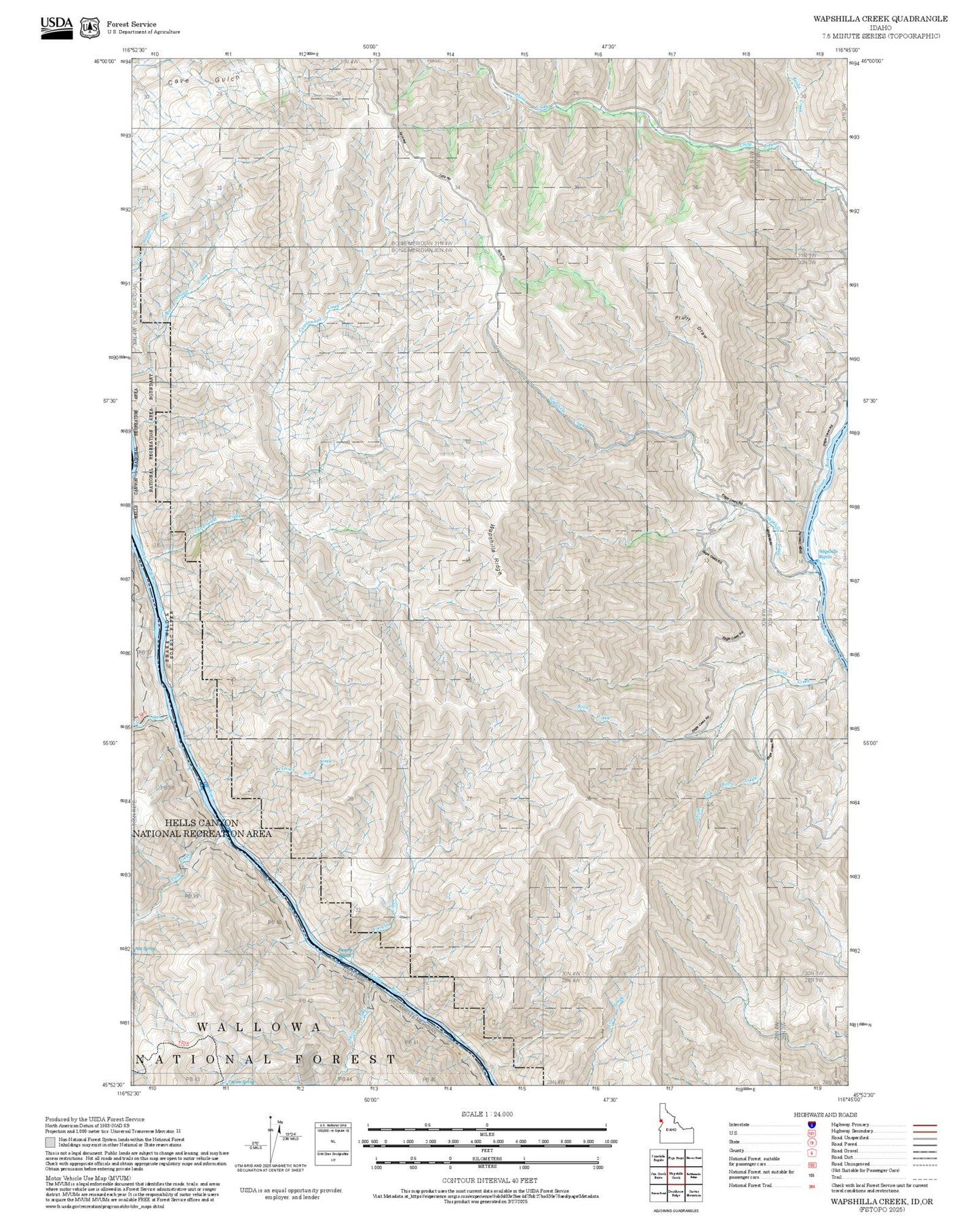 2025 Forest Service Topo Map of Wapshilla Creek Idaho