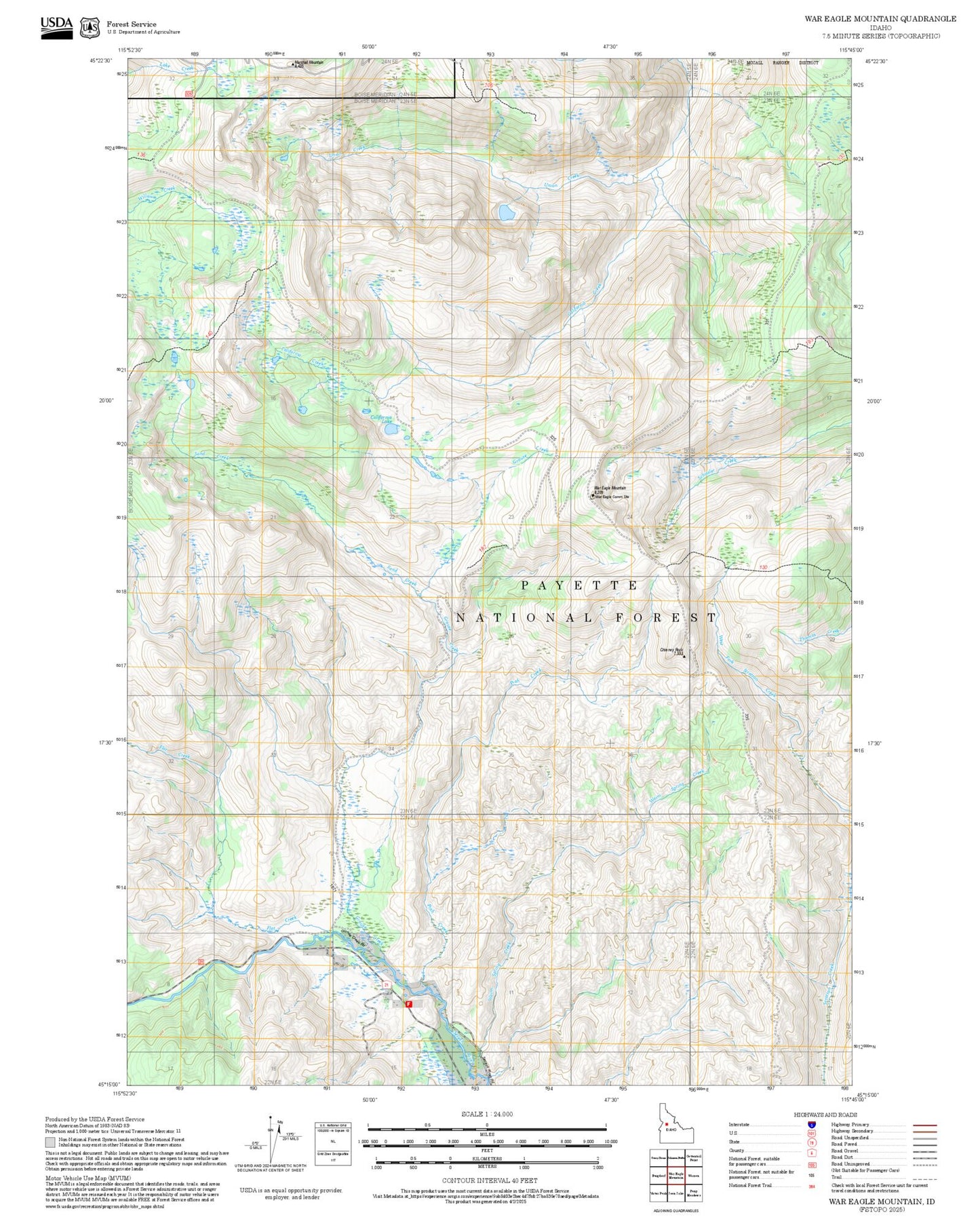 2025 Forest Service Topo Map of War Eagle Mountain Idaho