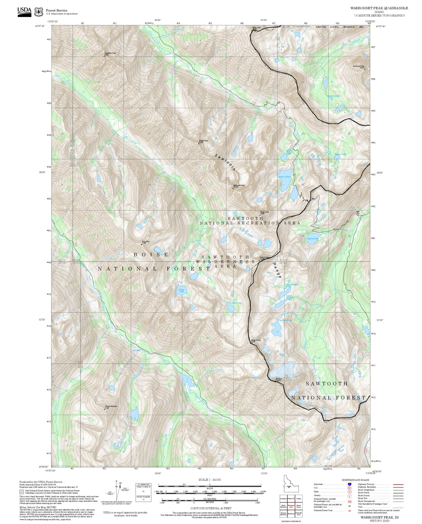 2025 Forest Service Topo Map of Warbonnet Peak Idaho