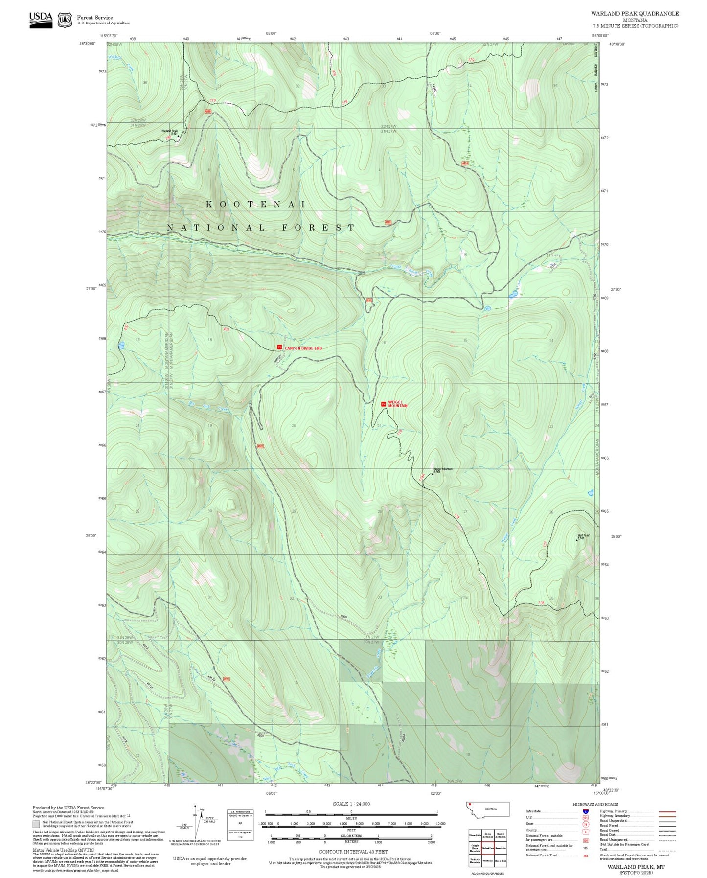 2025 Forest Service Topo Map of Warland Peak Montana