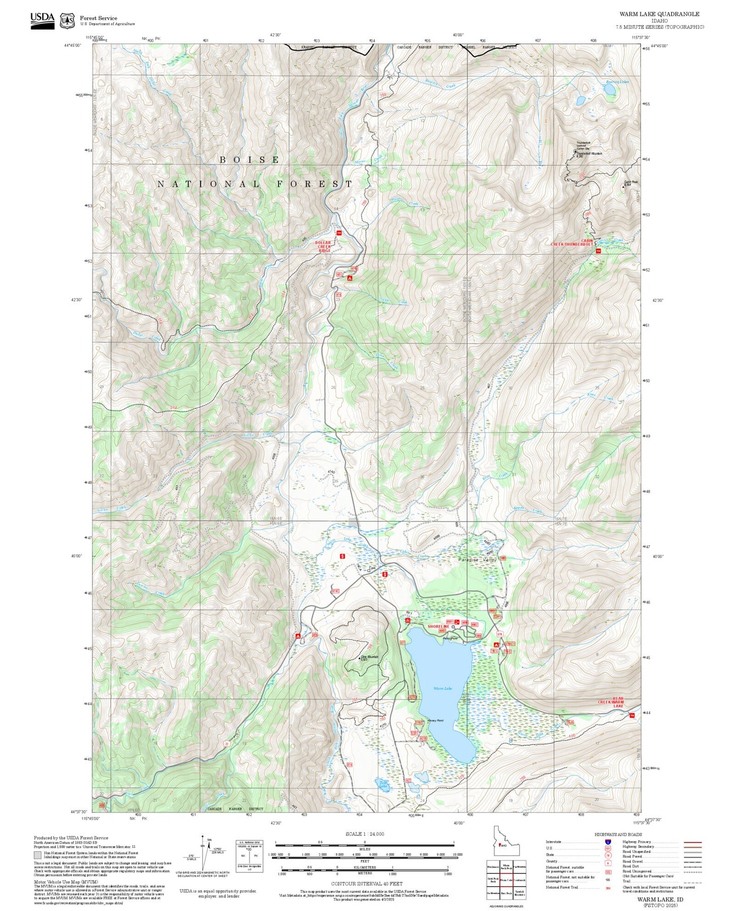 2025 Forest Service Topo Map of Warm Lake Idaho