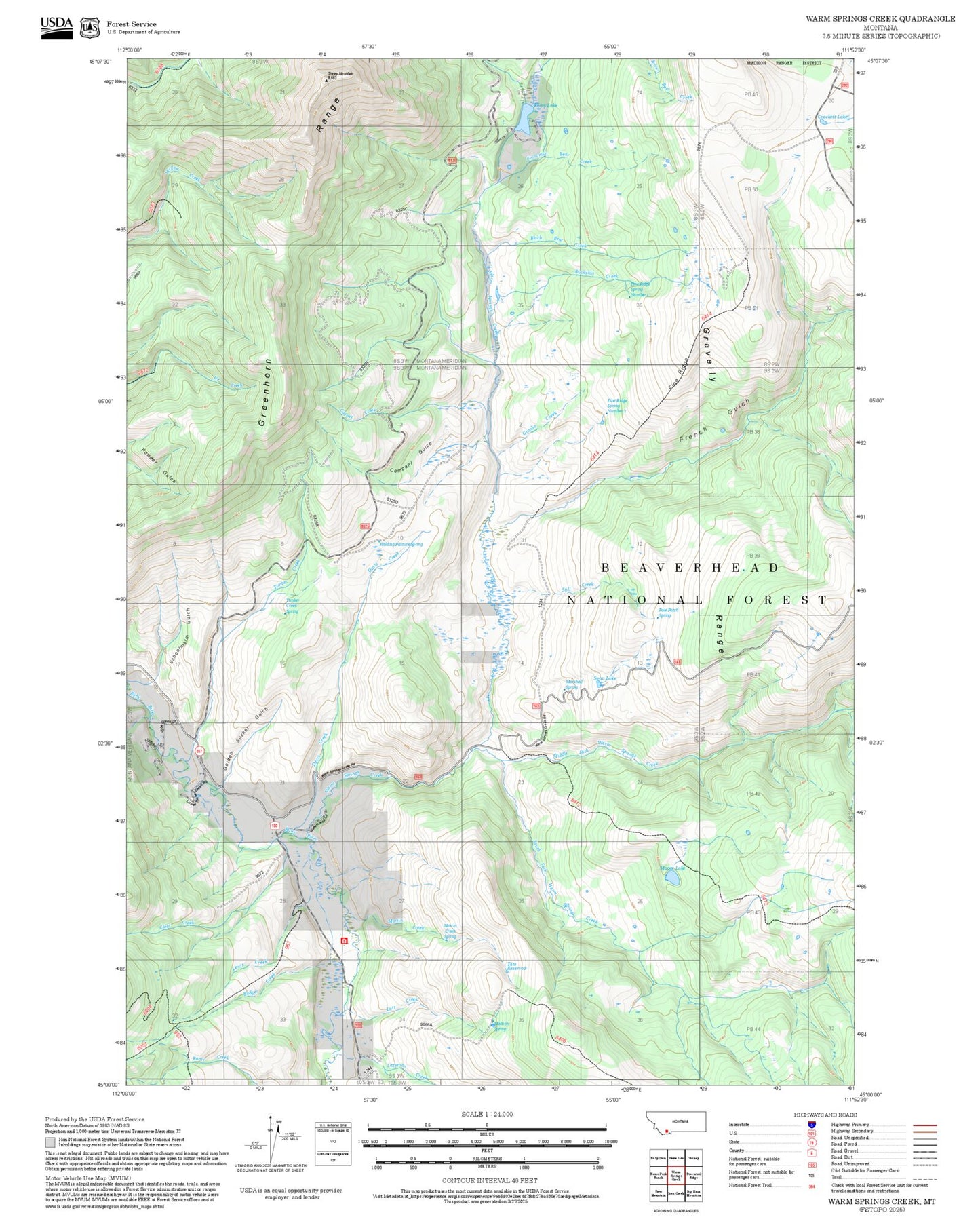 2025 Forest Service Topo Map of Warm Springs Creek Montana