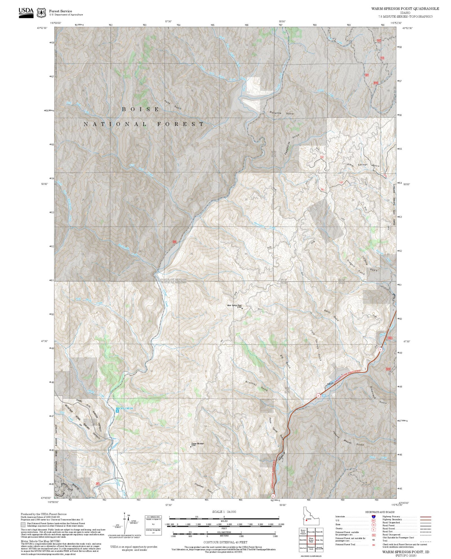 2025 Forest Service Topo Map of Warm Springs Point Idaho