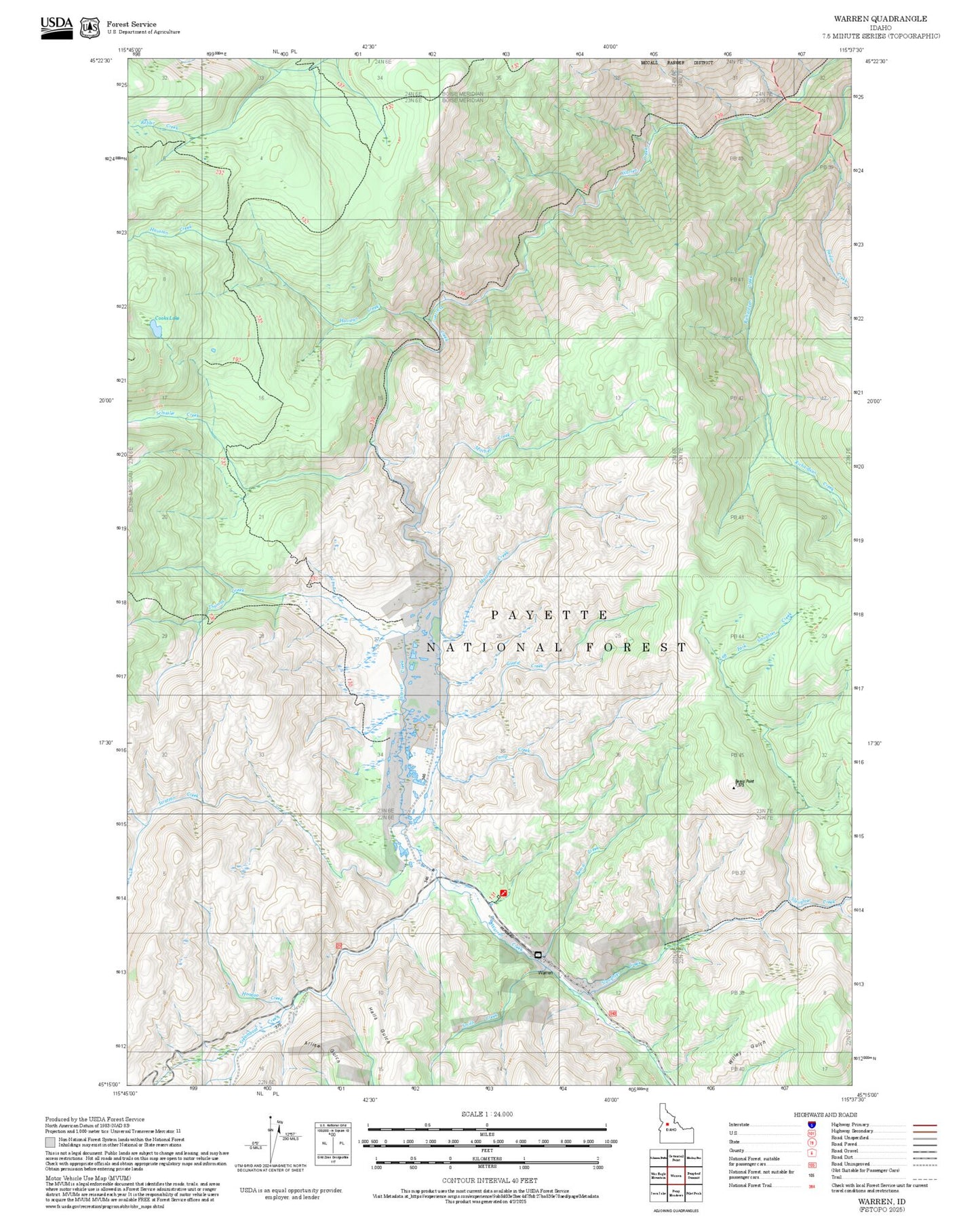 2025 Forest Service Topo Map of Warren Idaho